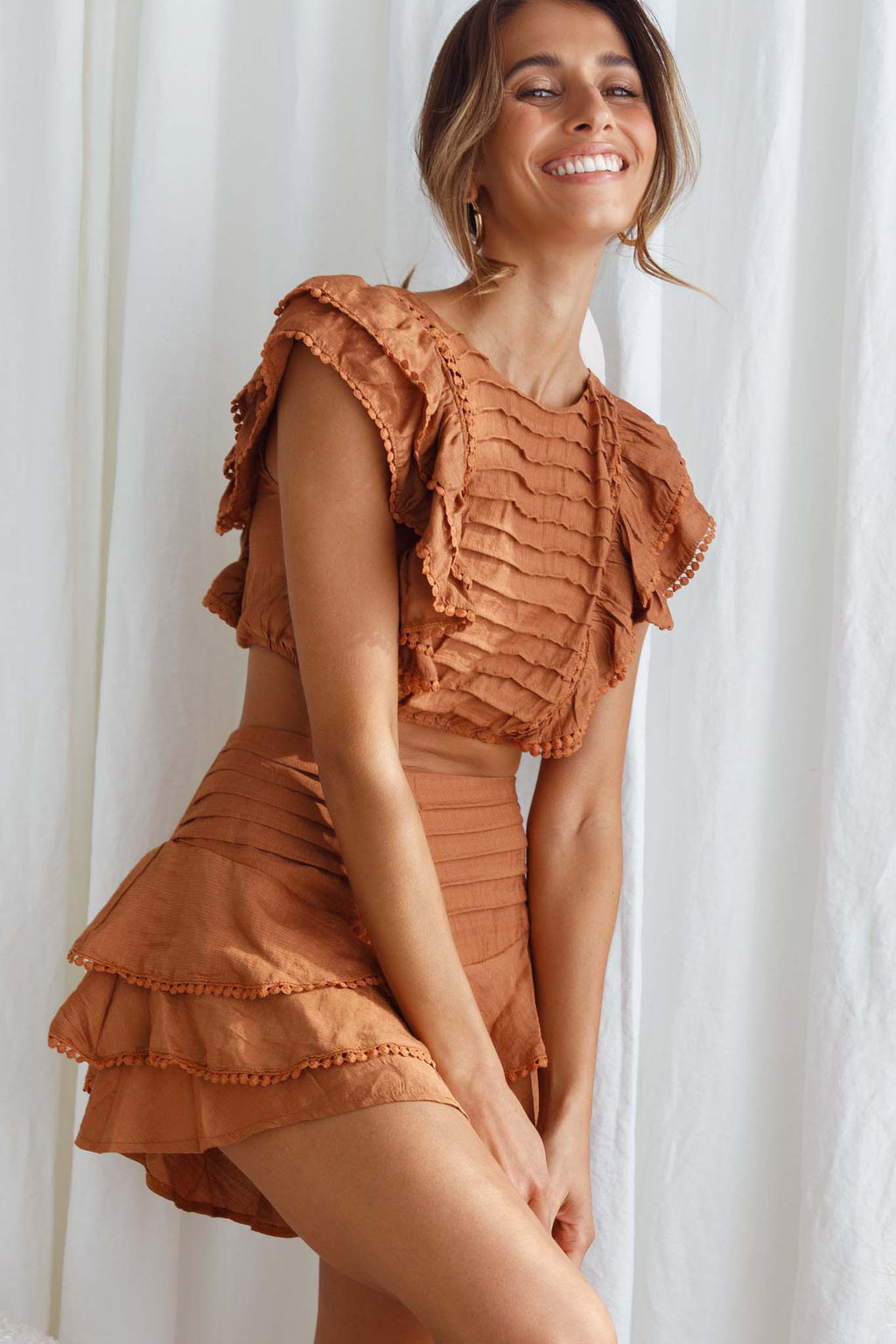 Wild And Free Pintuck Pleat And Layered Ruffle Shorts Tan by Selfie Leslie