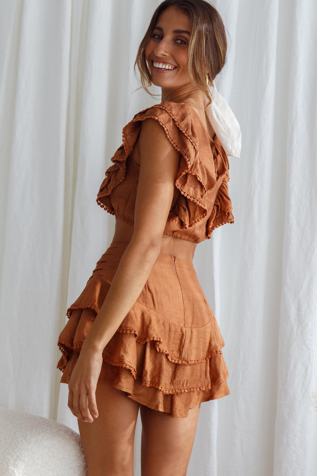 Wild And Free Pintuck Pleat And Layered Ruffle Shorts Tan by Selfie Leslie