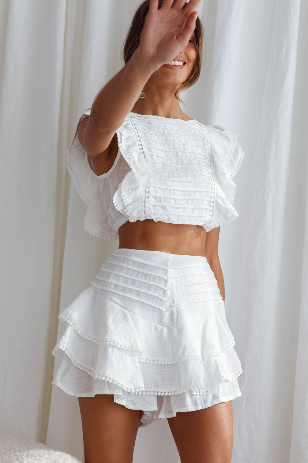 Wild And Free Pintuck Pleat And Layered Ruffle Shorts White by Selfie Leslie