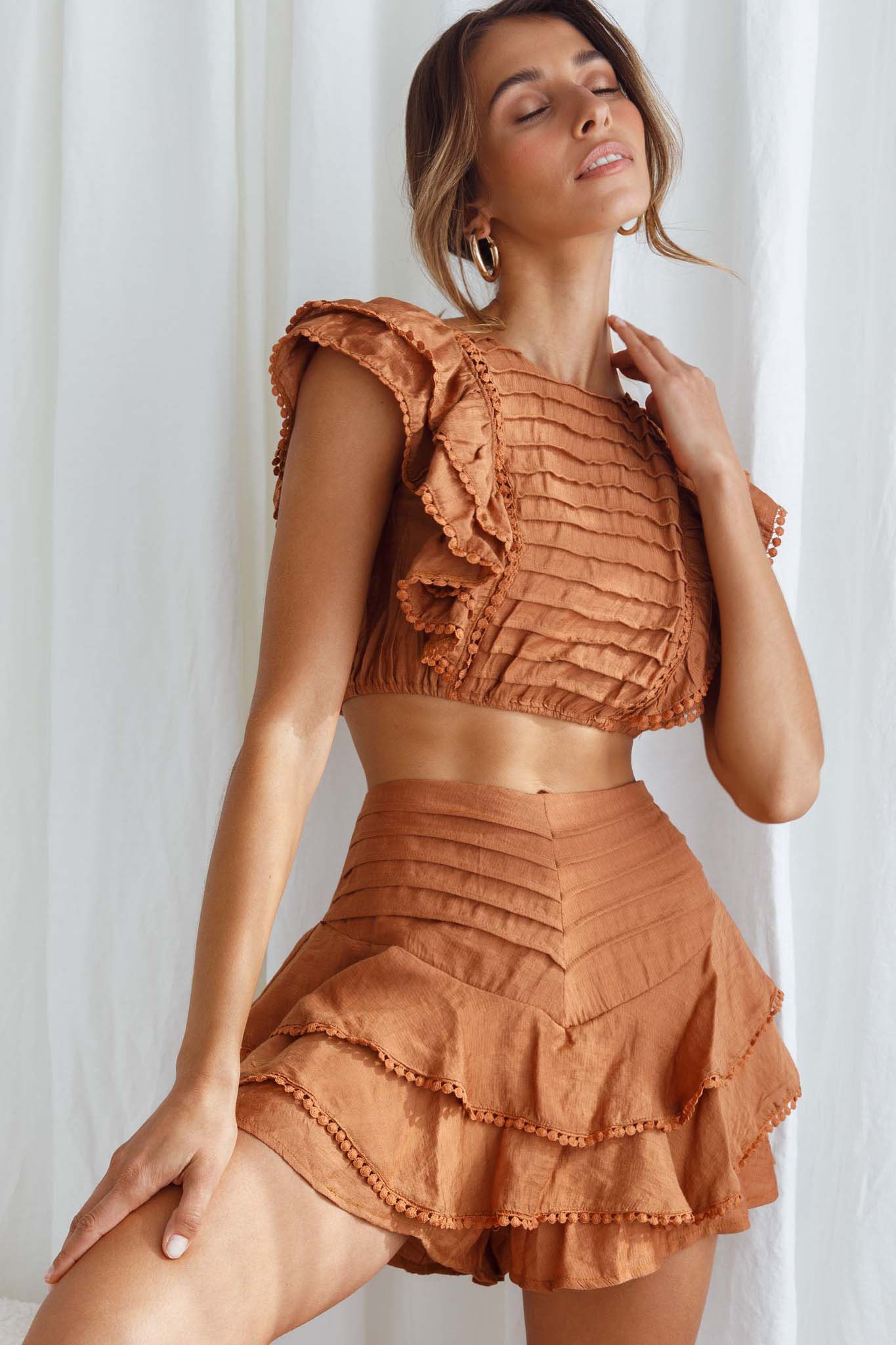 Wild And Free Pintuck Pleat And Ruffle Crop Top Tan by Selfie Leslie