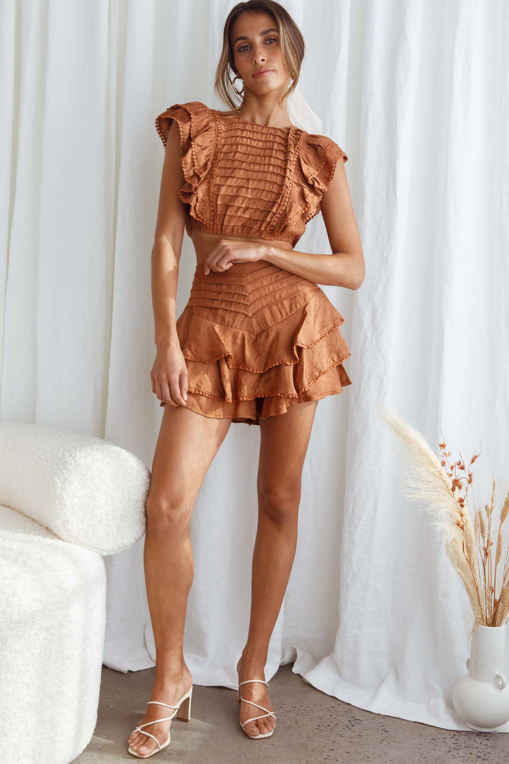 Wild And Free Pintuck Pleat And Ruffle Crop Top Tan by Selfie Leslie