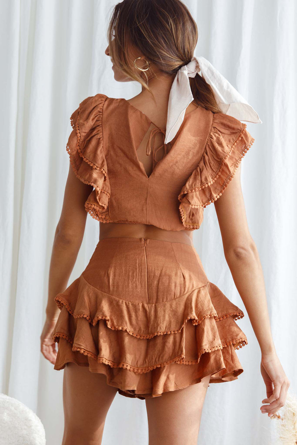 Wild And Free Pintuck Pleat And Ruffle Crop Top Tan by Selfie Leslie