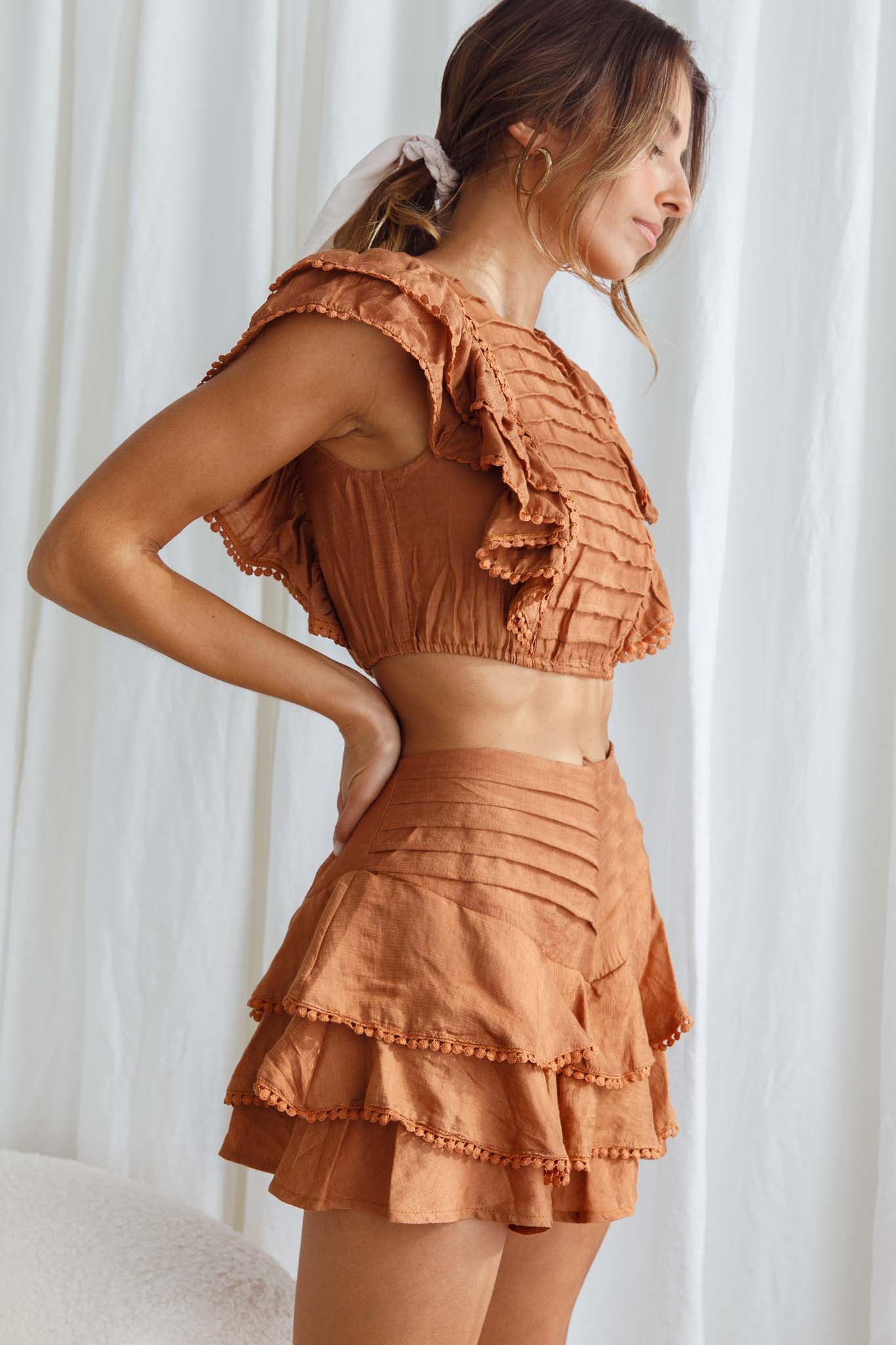 Wild And Free Pintuck Pleat And Ruffle Crop Top Tan by Selfie Leslie