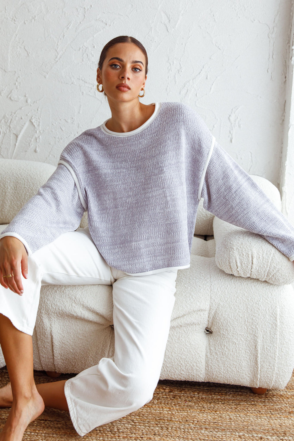Sitting Pretty Drop Sleeve White Trim Knit Sweater Blue by Selfie Leslie