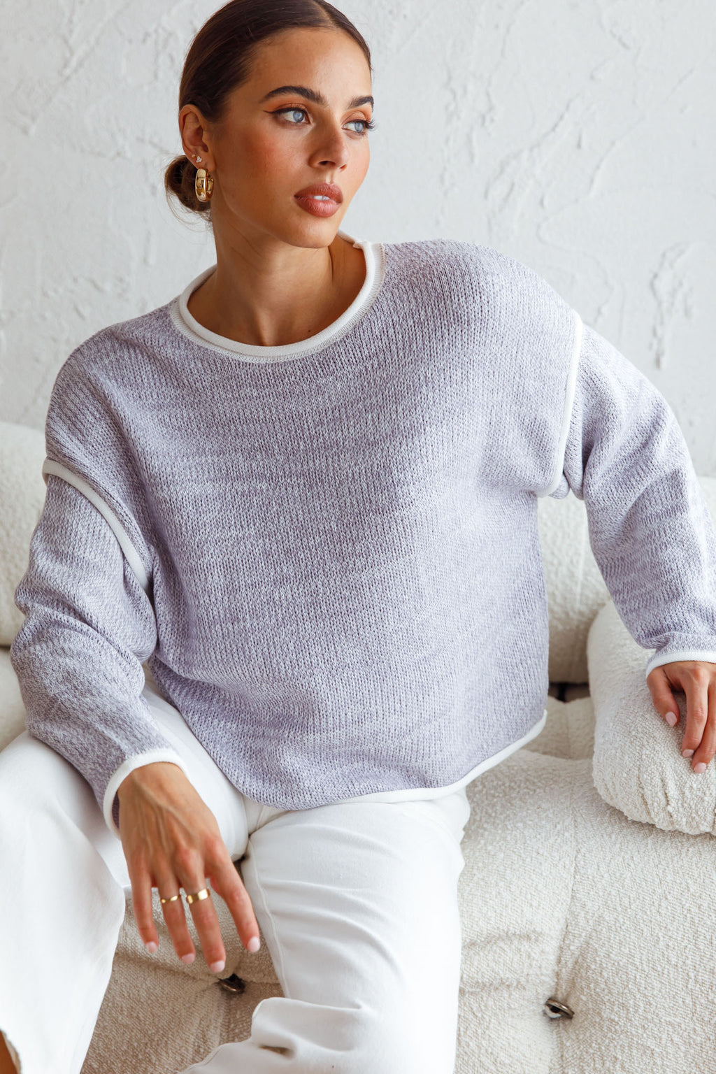 Sitting Pretty Drop Sleeve White Trim Knit Sweater Blue by Selfie Leslie