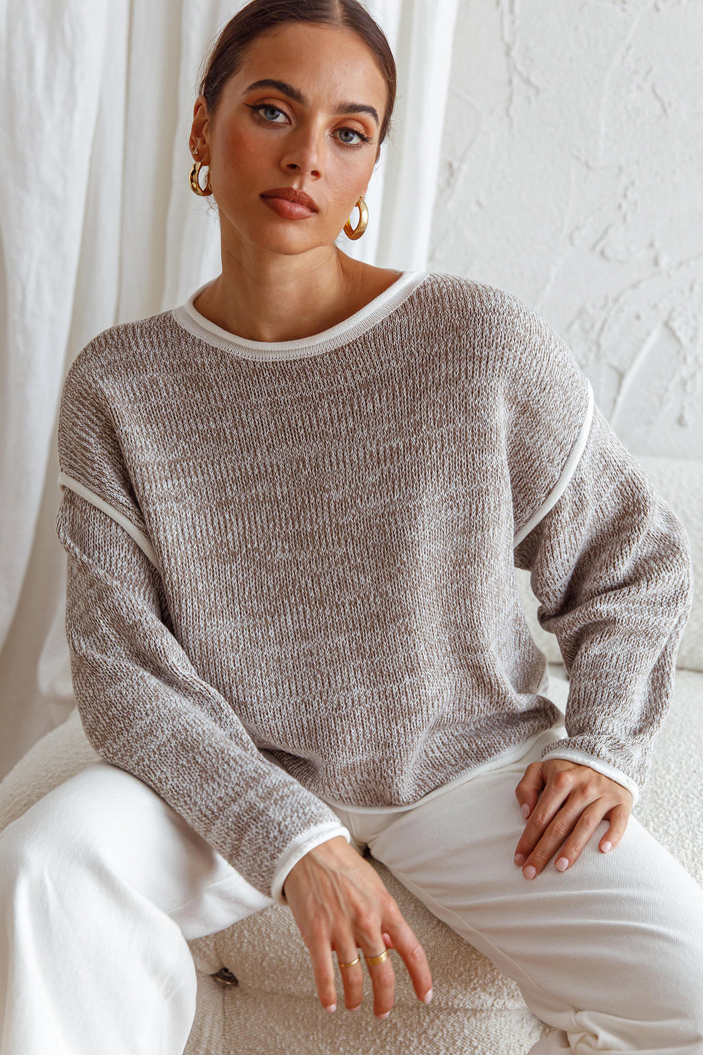 Sitting Pretty Drop Sleeve White Trim Knit Sweater Grey by Selfie Leslie