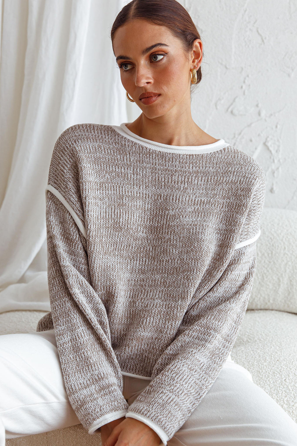 Sitting Pretty Drop Sleeve White Trim Knit Sweater Grey by Selfie Leslie