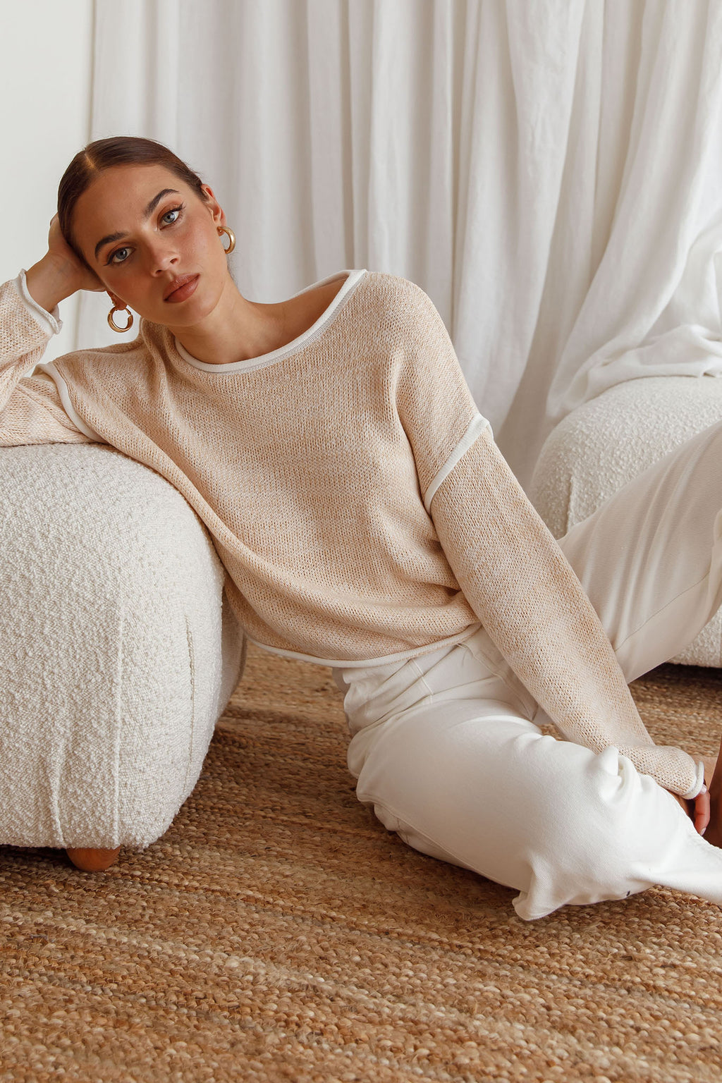 Sitting Pretty Drop Sleeve White Trim Knit Sweater Stone by Selfie Leslie