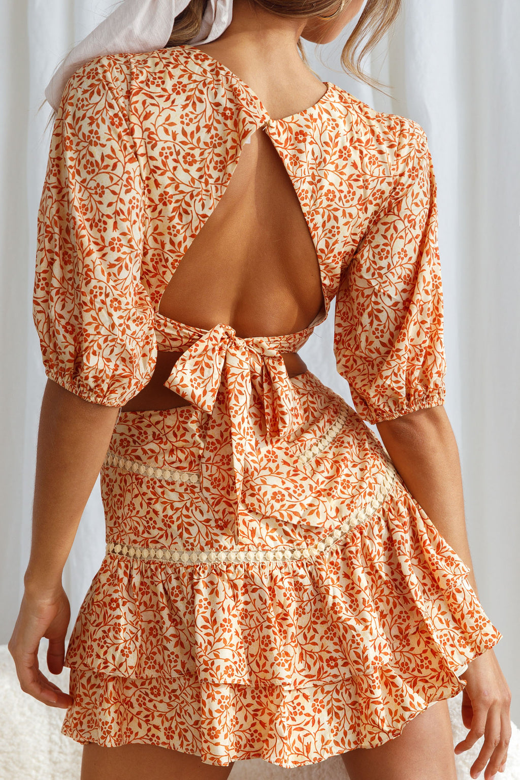 Belong Together Puff Sleeve Open Back Crop Top Floral Print Sun by Selfie Leslie