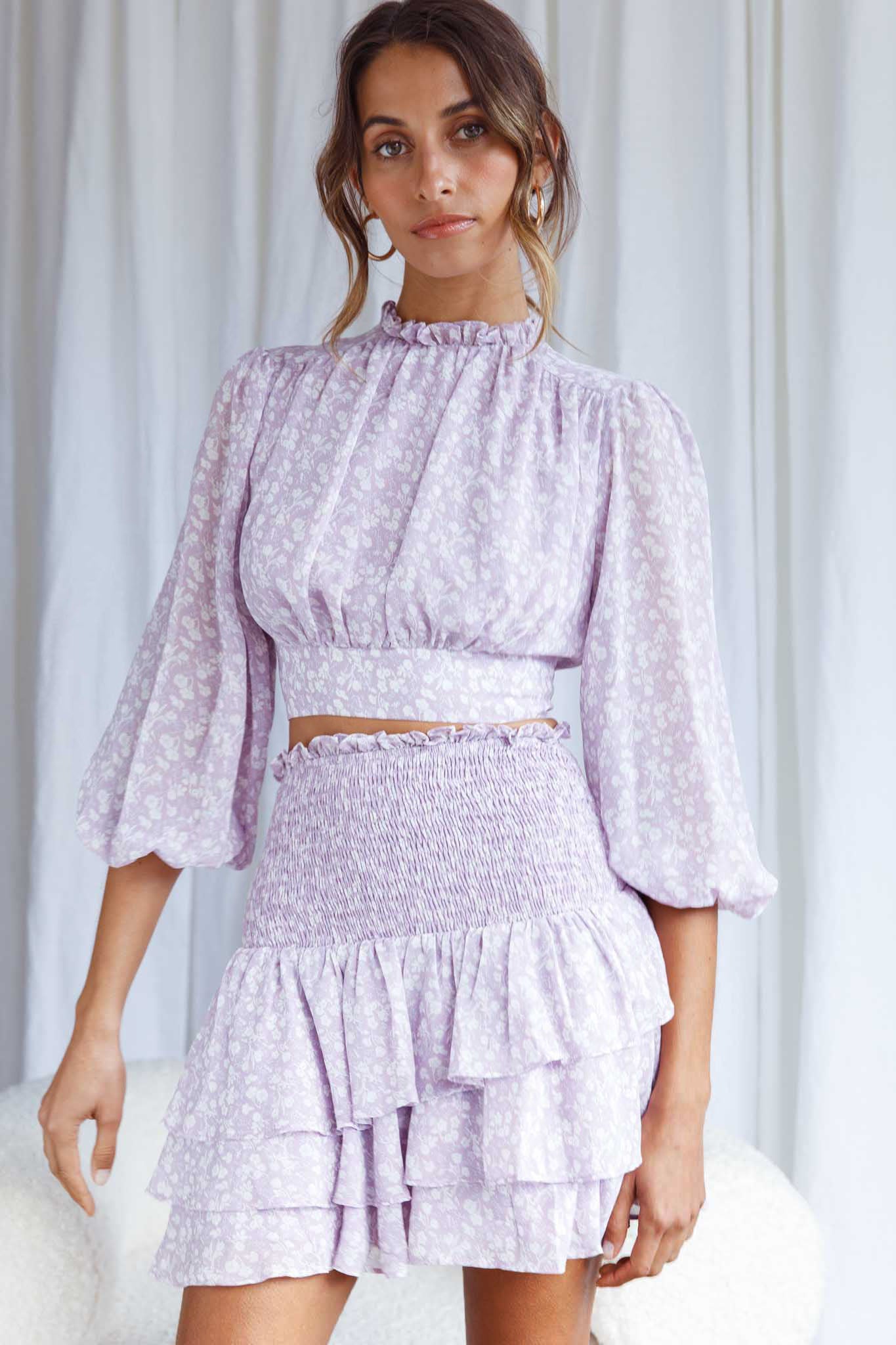 Whisked Away Balloon Sleeve Open Back Crop Top Floral Print Lilac by Selfie Leslie
