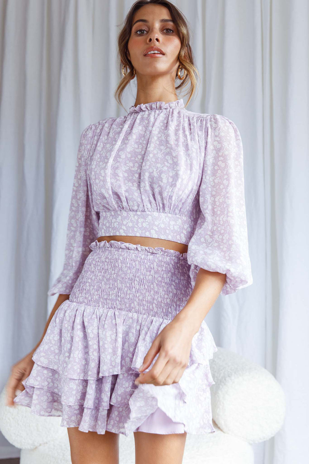 Whisked Away Balloon Sleeve Open Back Crop Top Floral Print Lilac by Selfie Leslie