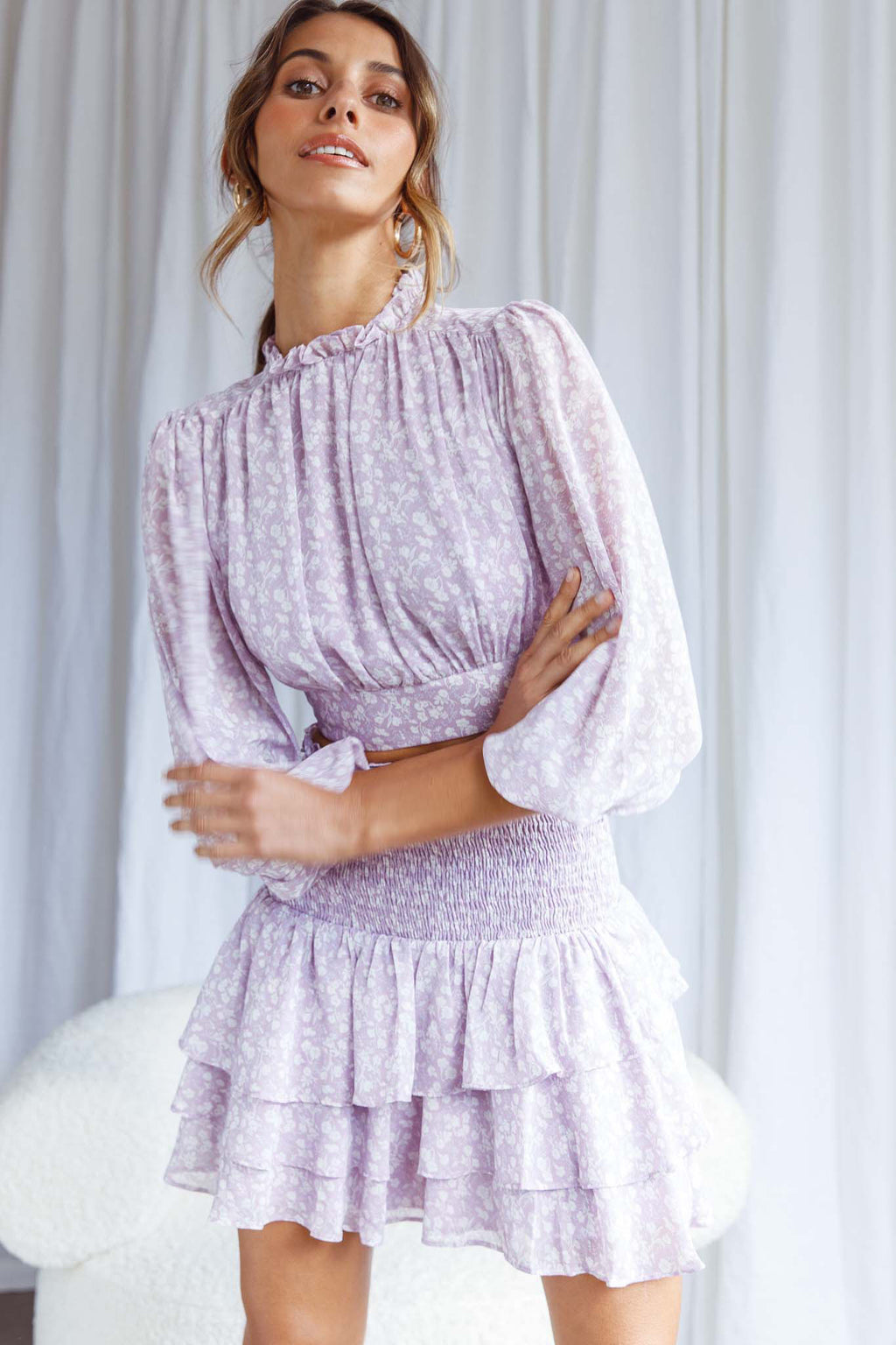 Whisked Away Balloon Sleeve Open Back Crop Top Floral Print Lilac by Selfie Leslie