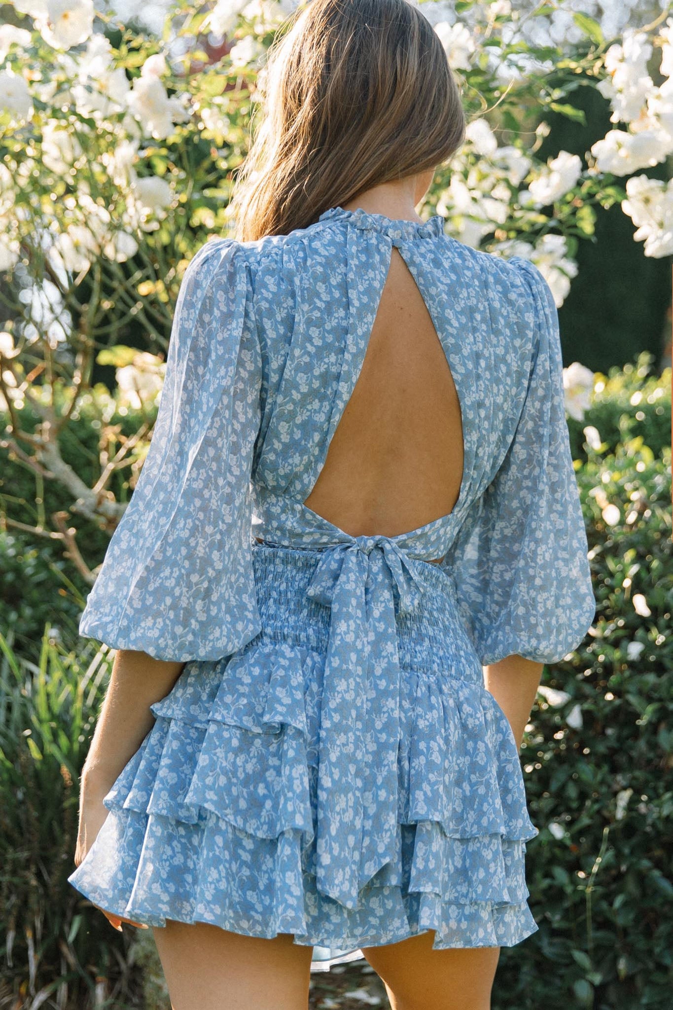 Whisked Away Shirred Waist Layered Mini Skirt Floral Print Blue by Selfie Leslie