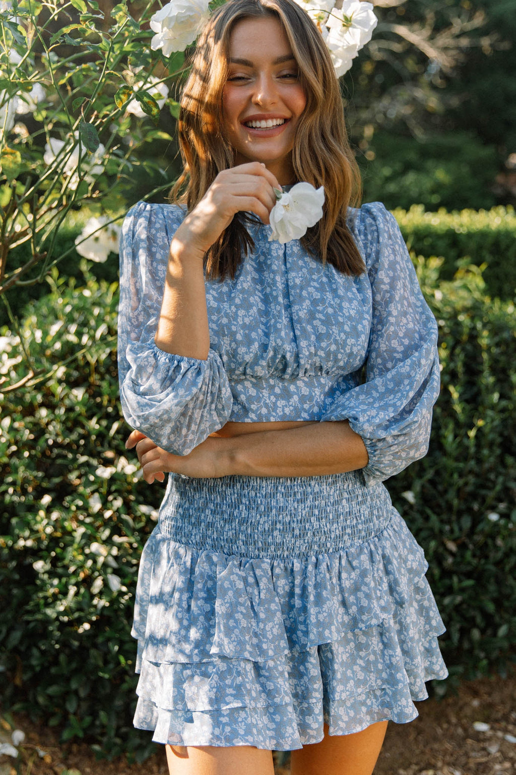 Whisked Away Shirred Waist Layered Mini Skirt Floral Print Blue by Selfie Leslie