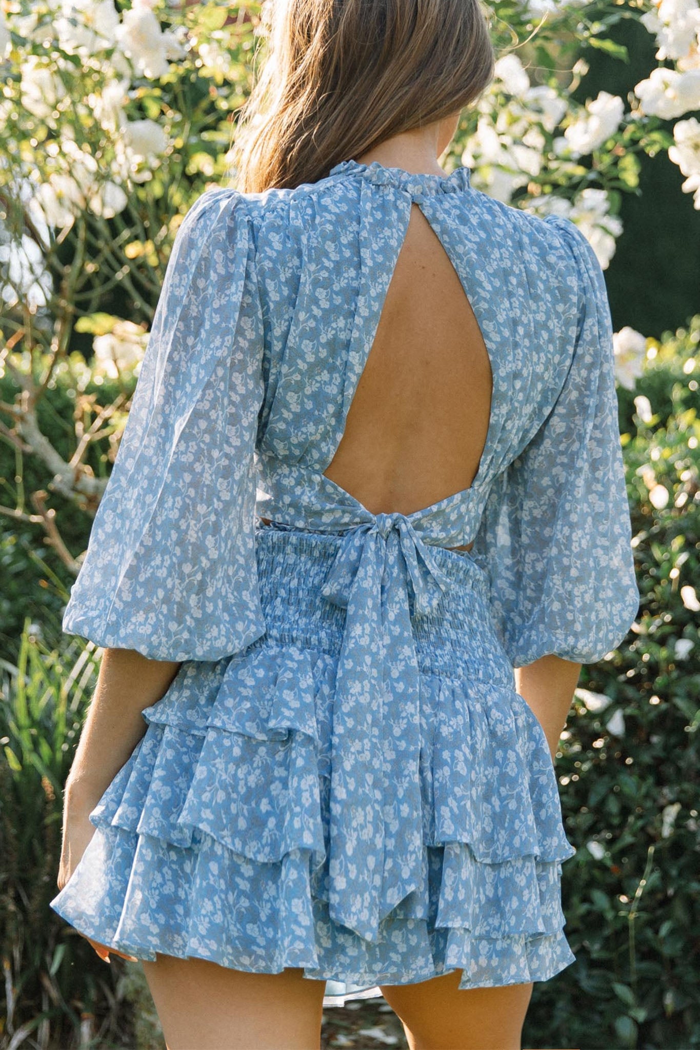 Whisked Away Balloon Sleeve Open Back Crop Top Floral Print Blue by Selfie Leslie