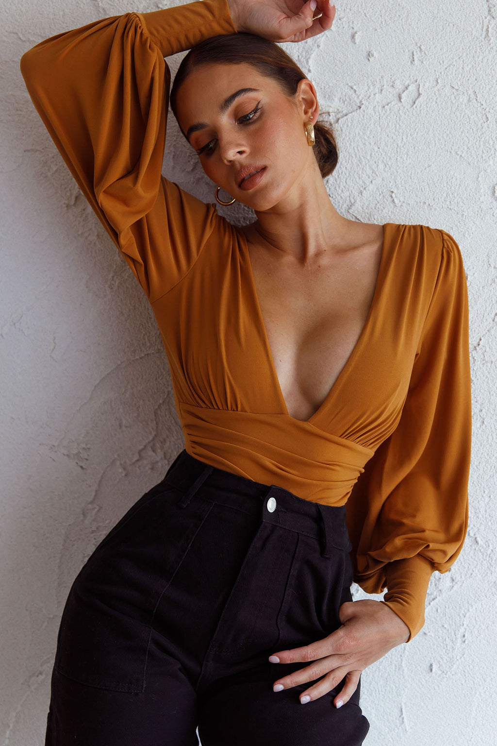 Sunsets In Tahiti Deep V-Neckline Lantern Sleeve Bodysuit Tan by Selfie Leslie