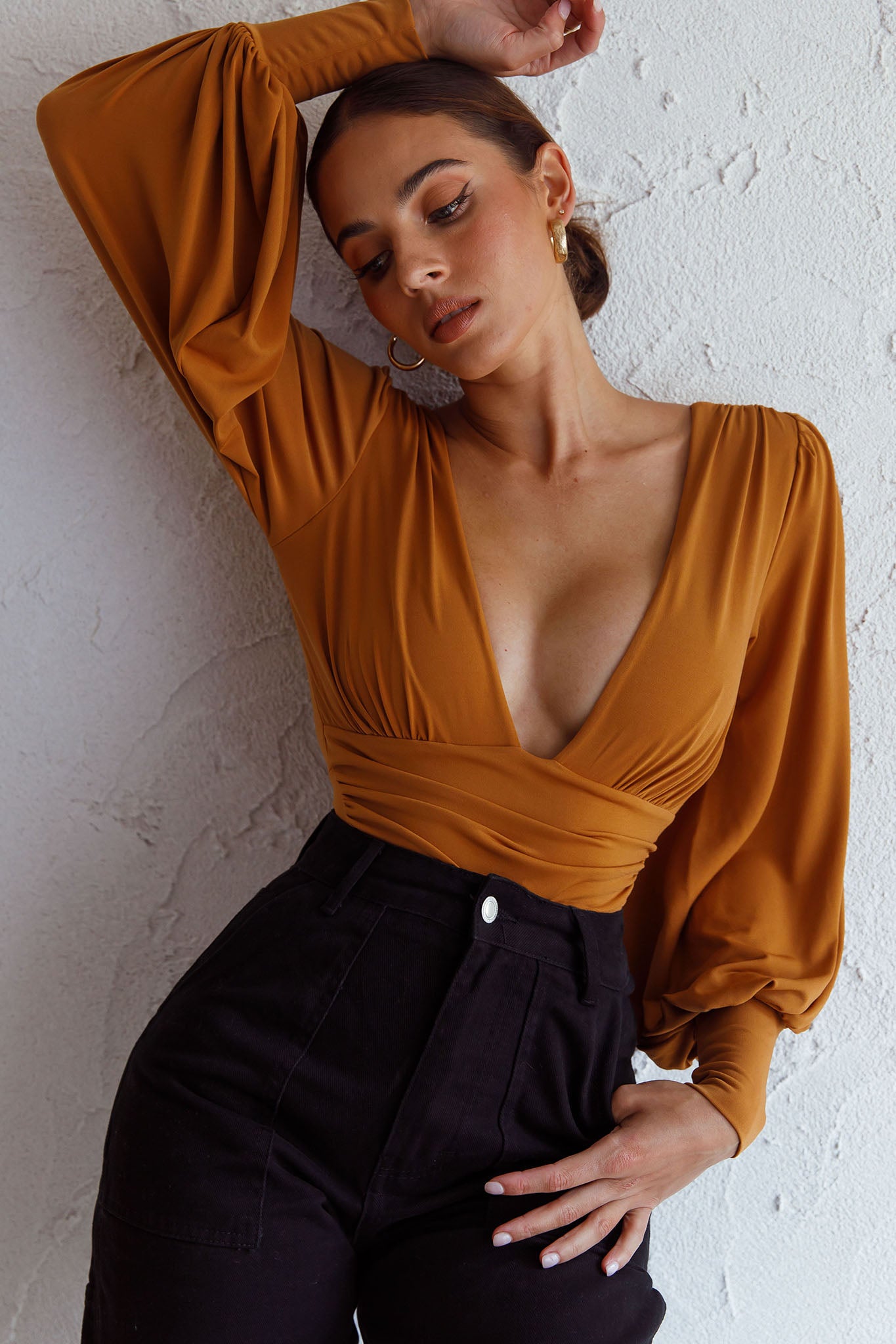 Sunsets In Tahiti Deep V-Neckline Lantern Sleeve Bodysuit Tan by Selfie Leslie