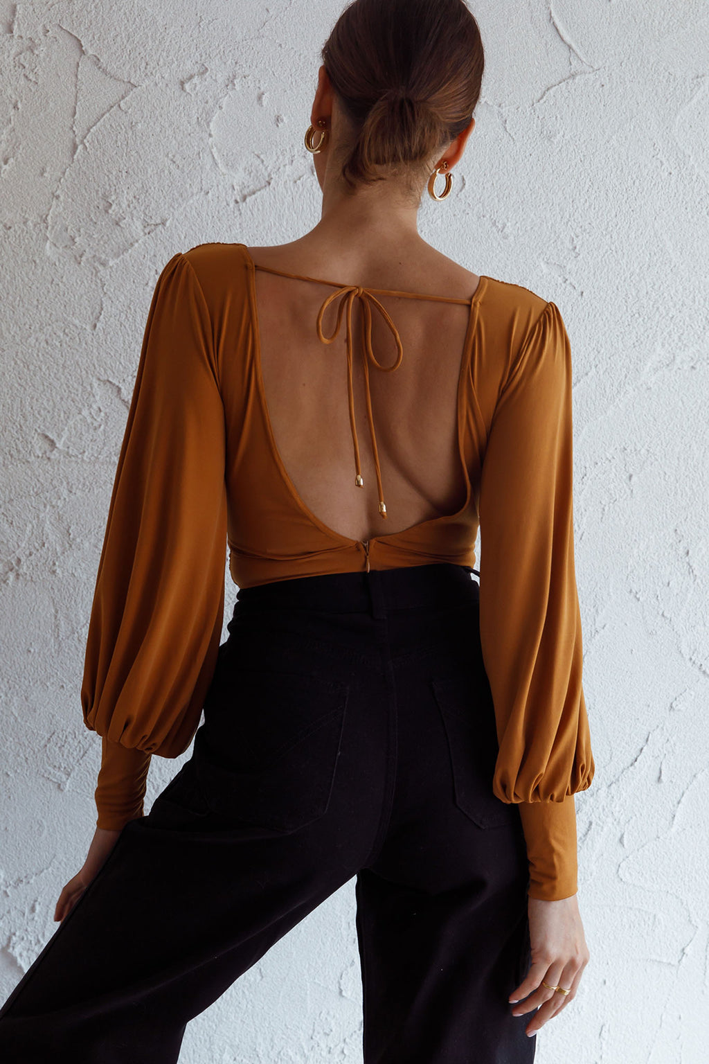 Sunsets In Tahiti Deep V-Neckline Lantern Sleeve Bodysuit Tan by Selfie Leslie