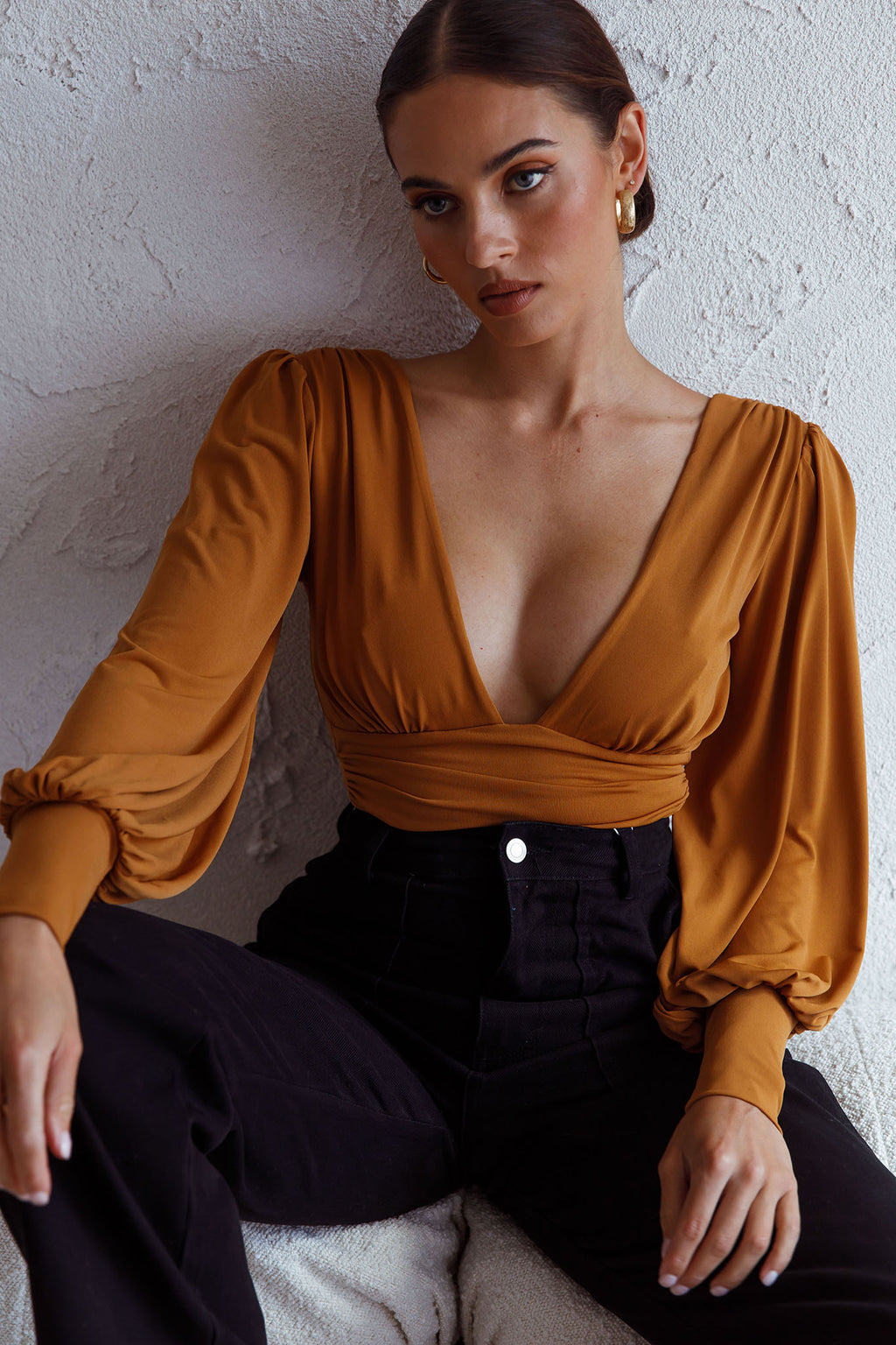Sunsets In Tahiti Deep V-Neckline Lantern Sleeve Bodysuit Tan by Selfie Leslie