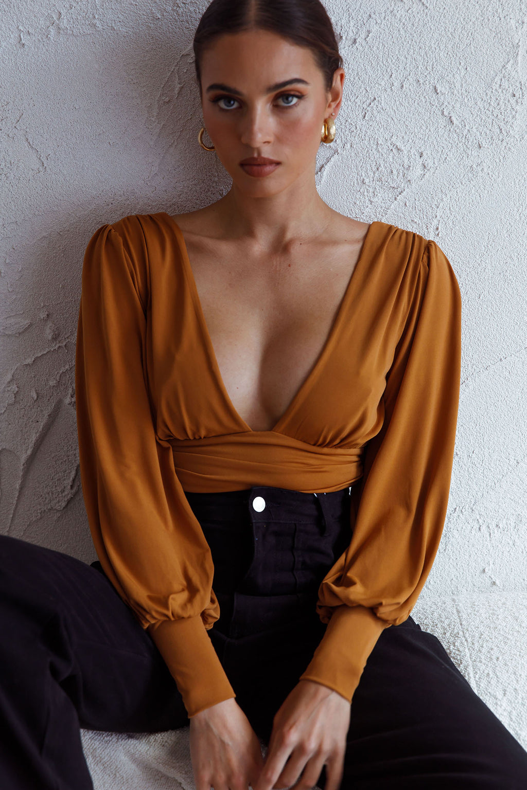 Sunsets In Tahiti Deep V-Neckline Lantern Sleeve Bodysuit Tan by Selfie Leslie