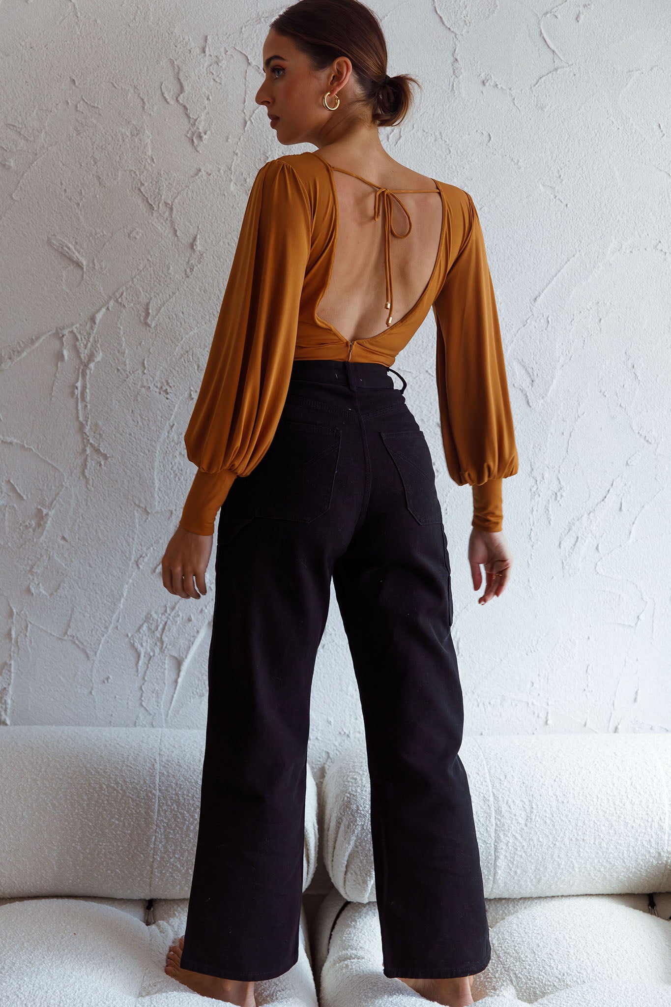 Sunsets In Tahiti Deep V-Neckline Lantern Sleeve Bodysuit Tan by Selfie Leslie