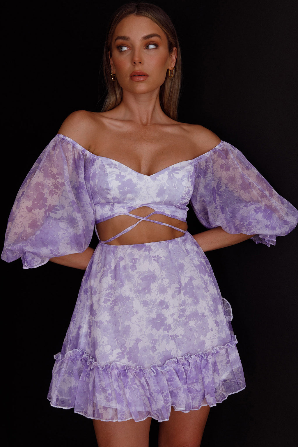 Alethea Puff Sleeve Cut-Out Waist Dress Floral Print Lilac by Selfie Leslie