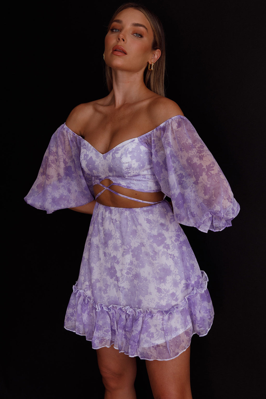 Alethea Puff Sleeve Cut-Out Waist Dress Floral Print Lilac by Selfie Leslie
