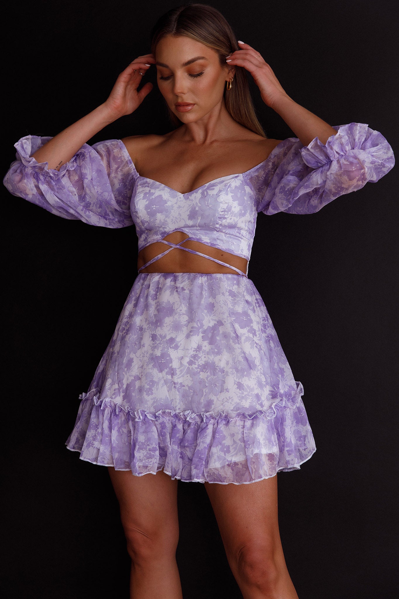 Alethea Puff Sleeve Cut-Out Waist Dress Floral Print Lilac by Selfie Leslie