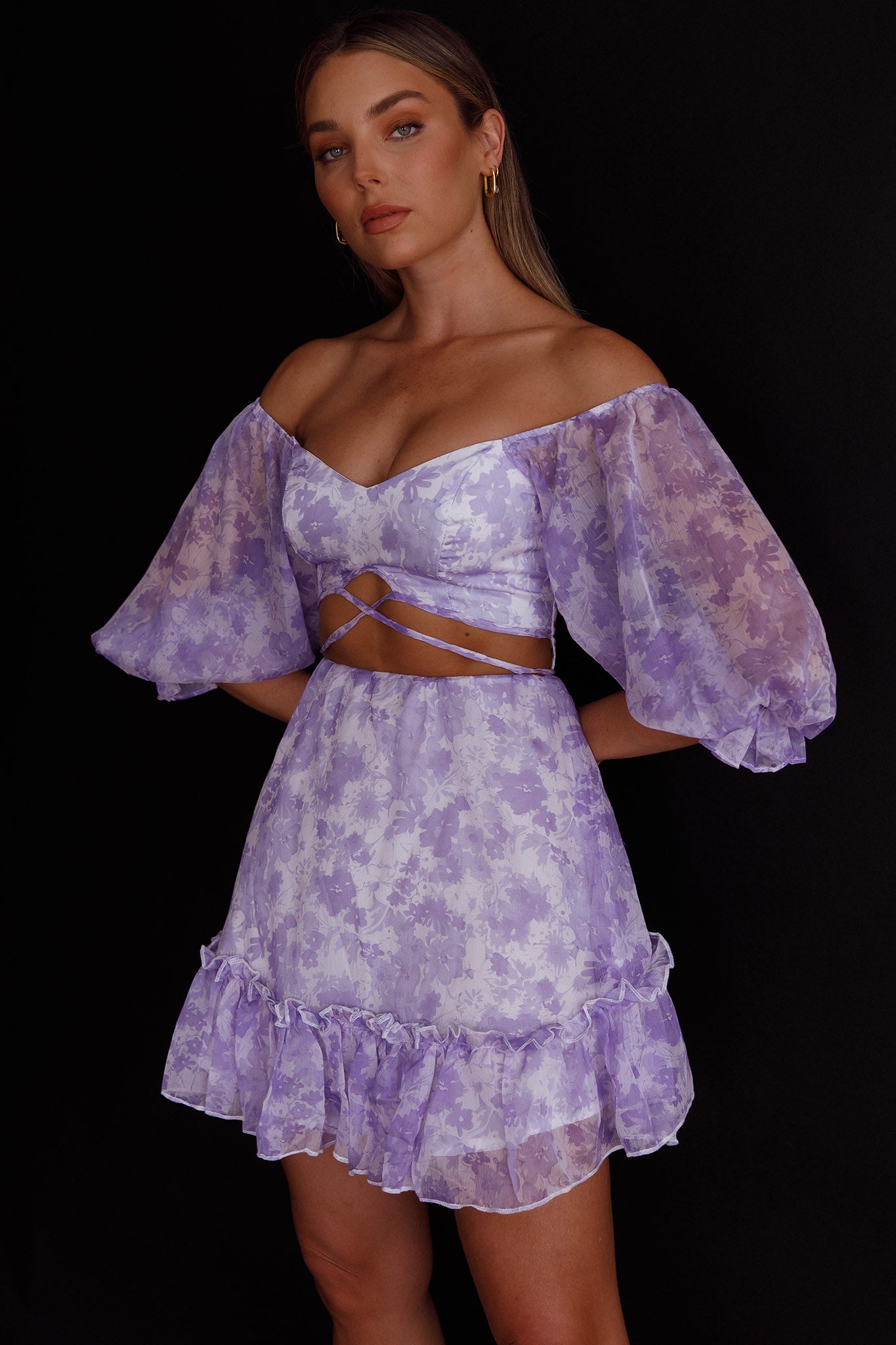 Alethea Puff Sleeve Cut-Out Waist Dress Floral Print Lilac by Selfie Leslie