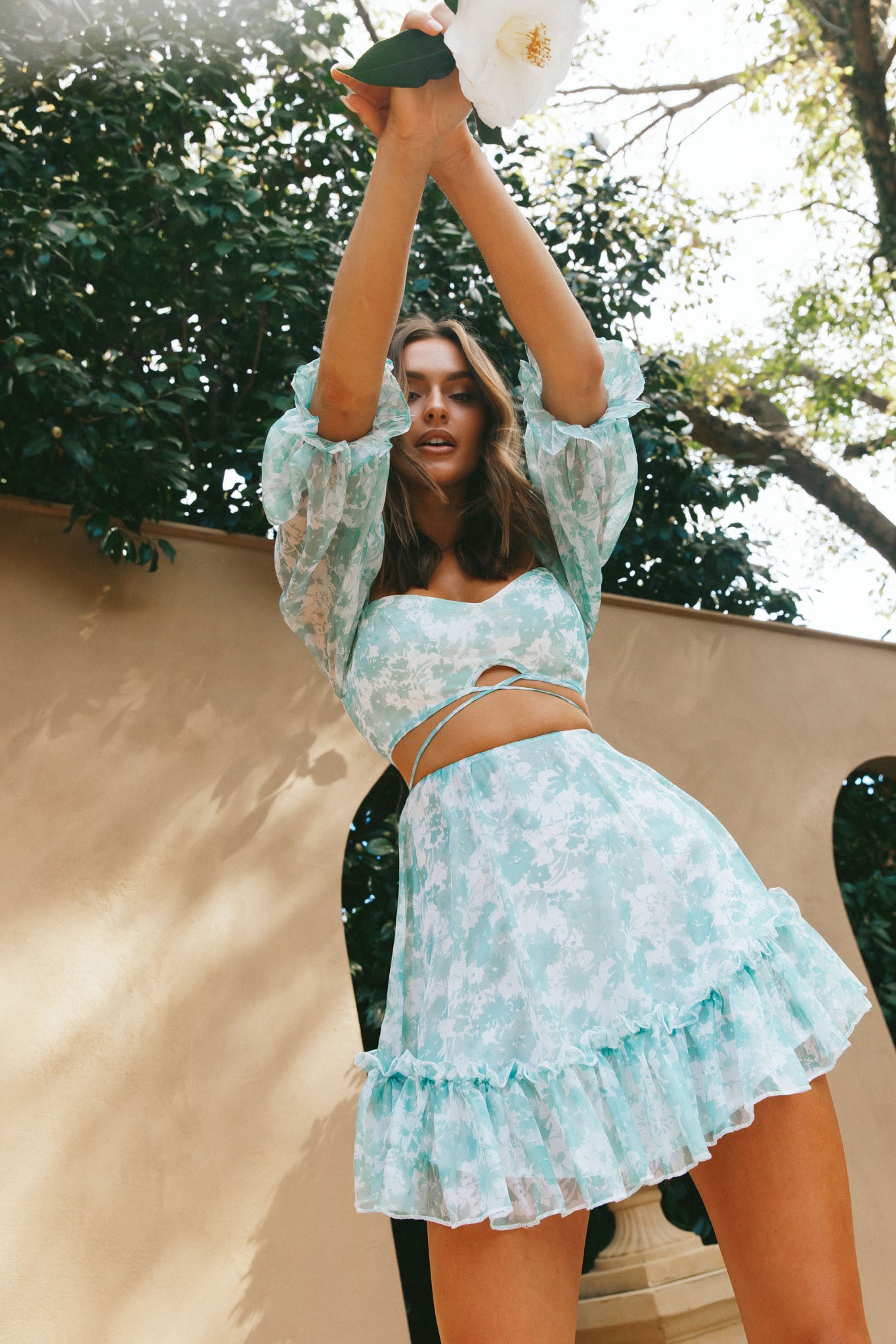 Alethea Puff Sleeve Cut-Out Waist Dress Floral Print Mint by Selfie Leslie