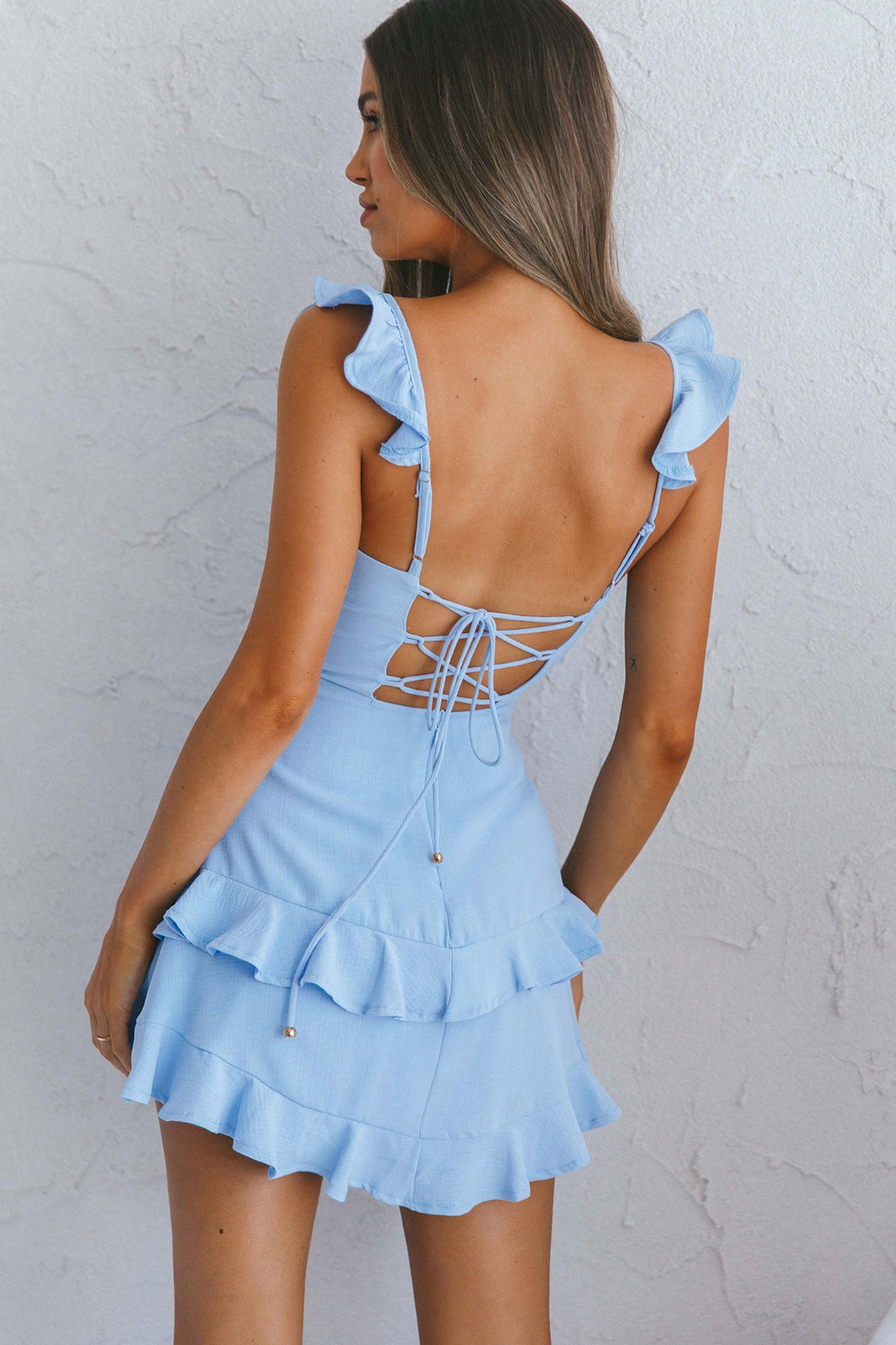 Moonlit Moment Ruffle Trim Piping Detail Lace-Up Back Dress Blue