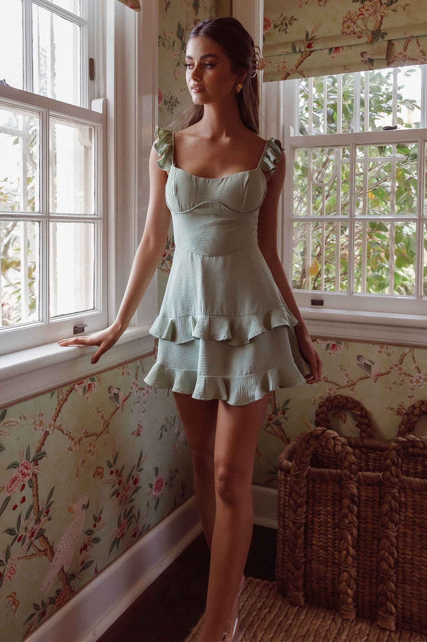 Moonlit Moment Ruffle Trim Piping Detail Lace-Up Back Dress Sage Moonlit Moment Ruffle Trim Piping Detail Lace-Up Back Dress Sage