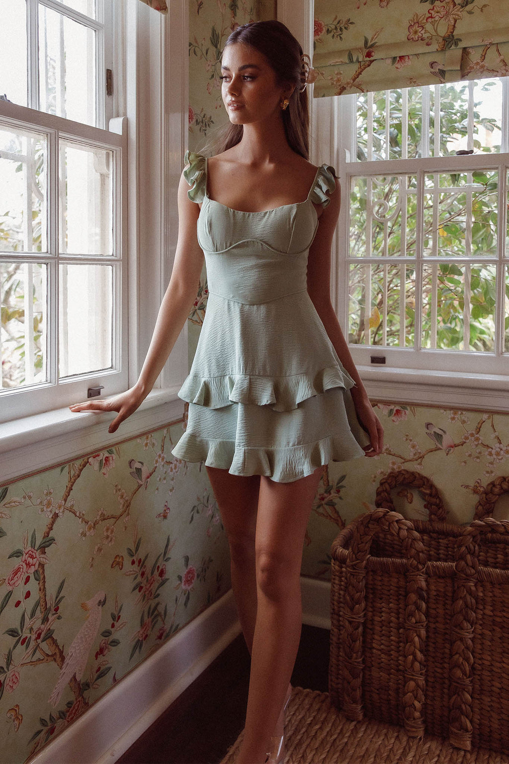 Moonlit Moment Ruffle Trim Piping Detail Lace-Up Back Dress Sage by Selfie Leslie
