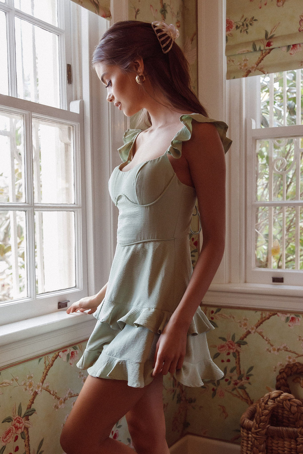 Moonlit Moment Ruffle Trim Piping Detail Lace-Up Back Dress Sage by Selfie Leslie