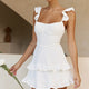 Moonlit Moment Ruffle Trim Piping Detail Lace-Up Back Dress White