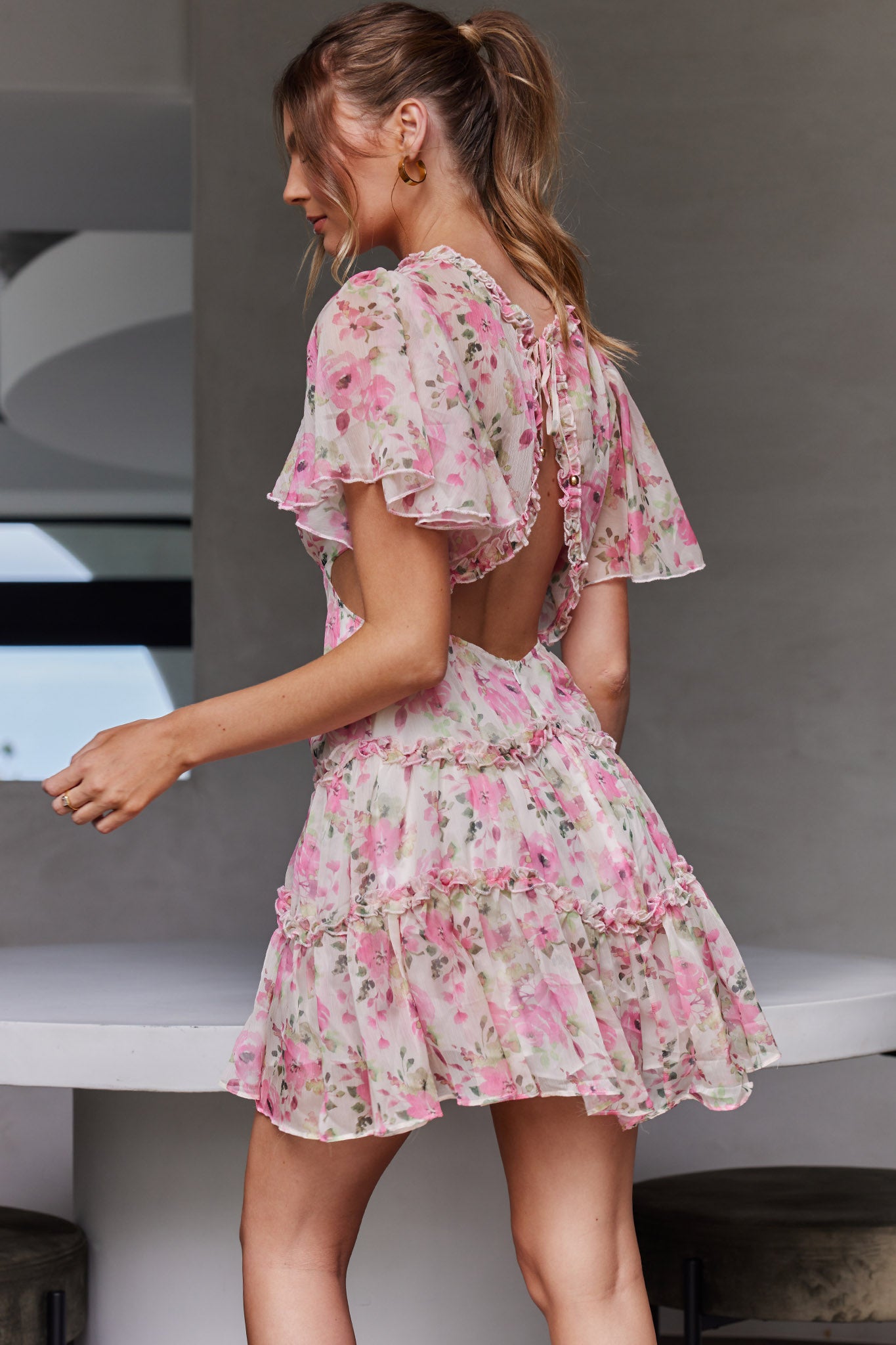 Tres Chic Flutter Sleeve Cut-Out Dress Floral Pink by Selfie Leslie