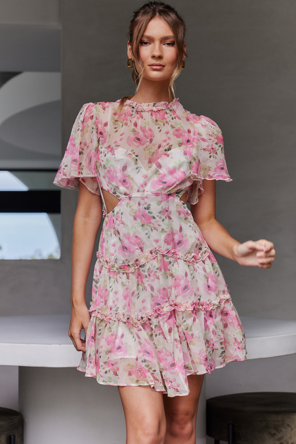 Tres Chic Flutter Sleeve Cut-Out Dress Floral Pink by Selfie Leslie