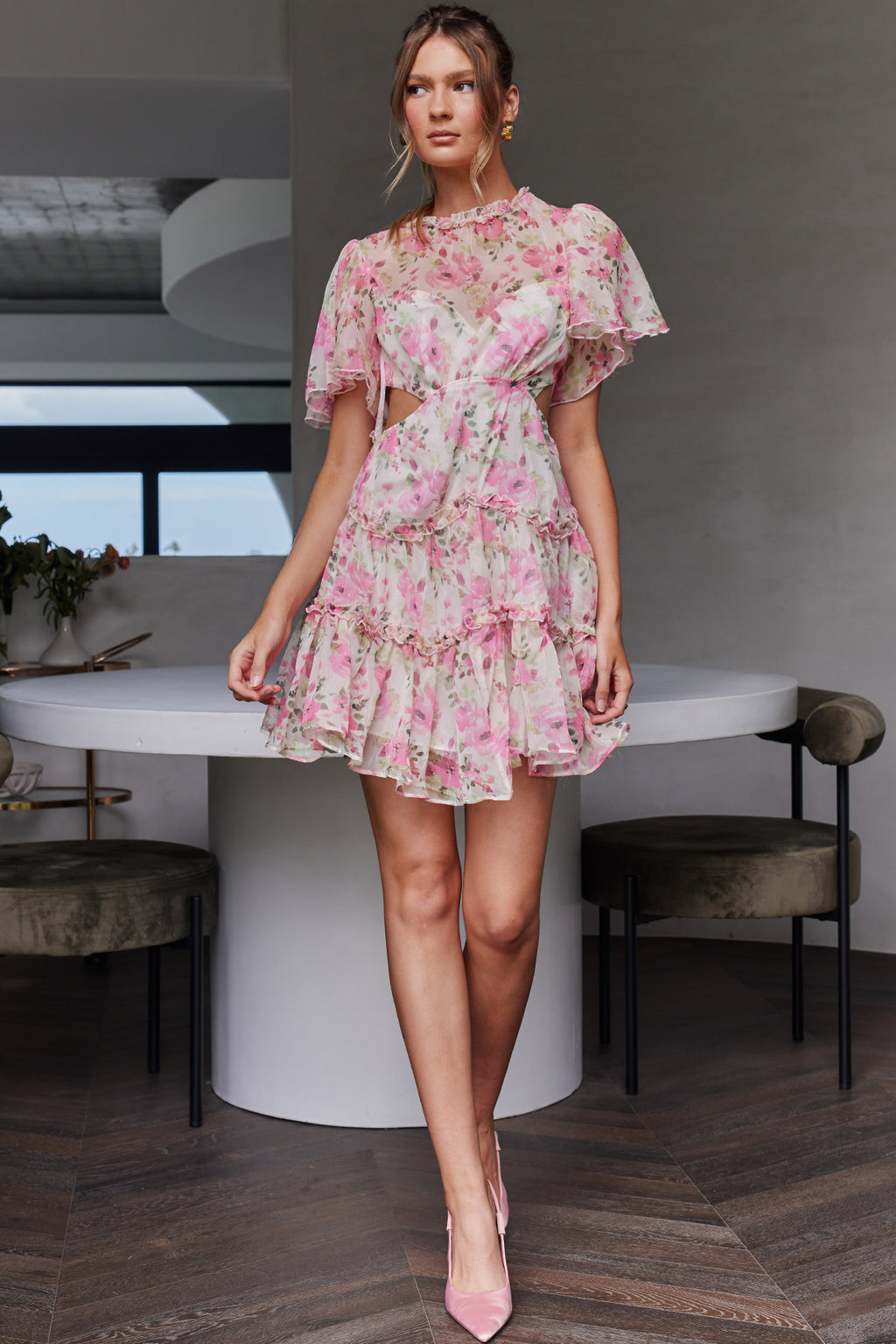 Tres Chic Flutter Sleeve Cut-Out Dress Floral Pink by Selfie Leslie