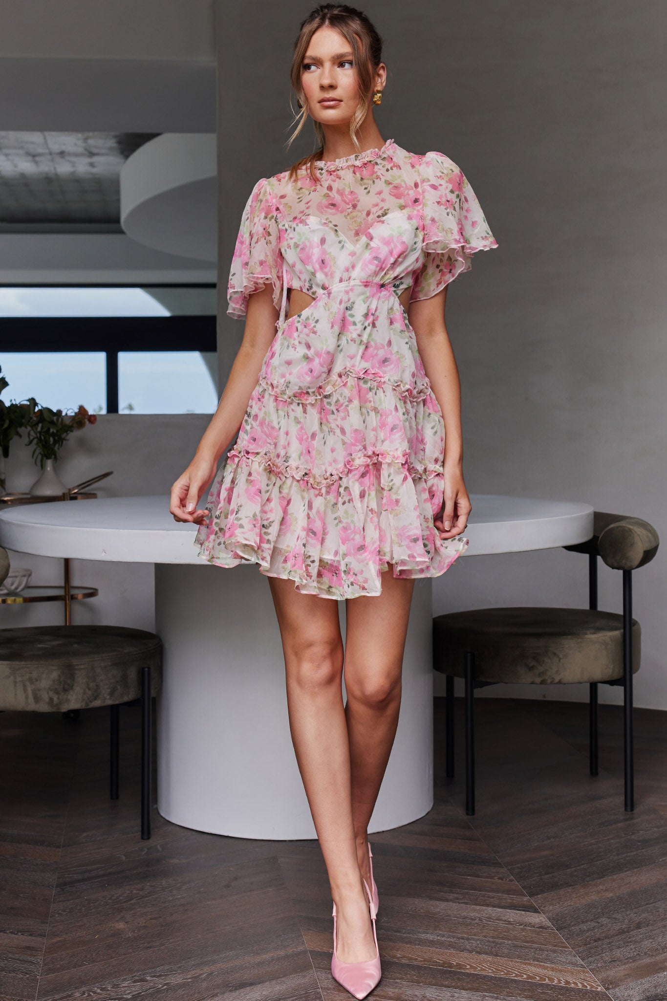 Tres Chic Flutter Sleeve Cut-Out Dress Floral Pink by Selfie Leslie