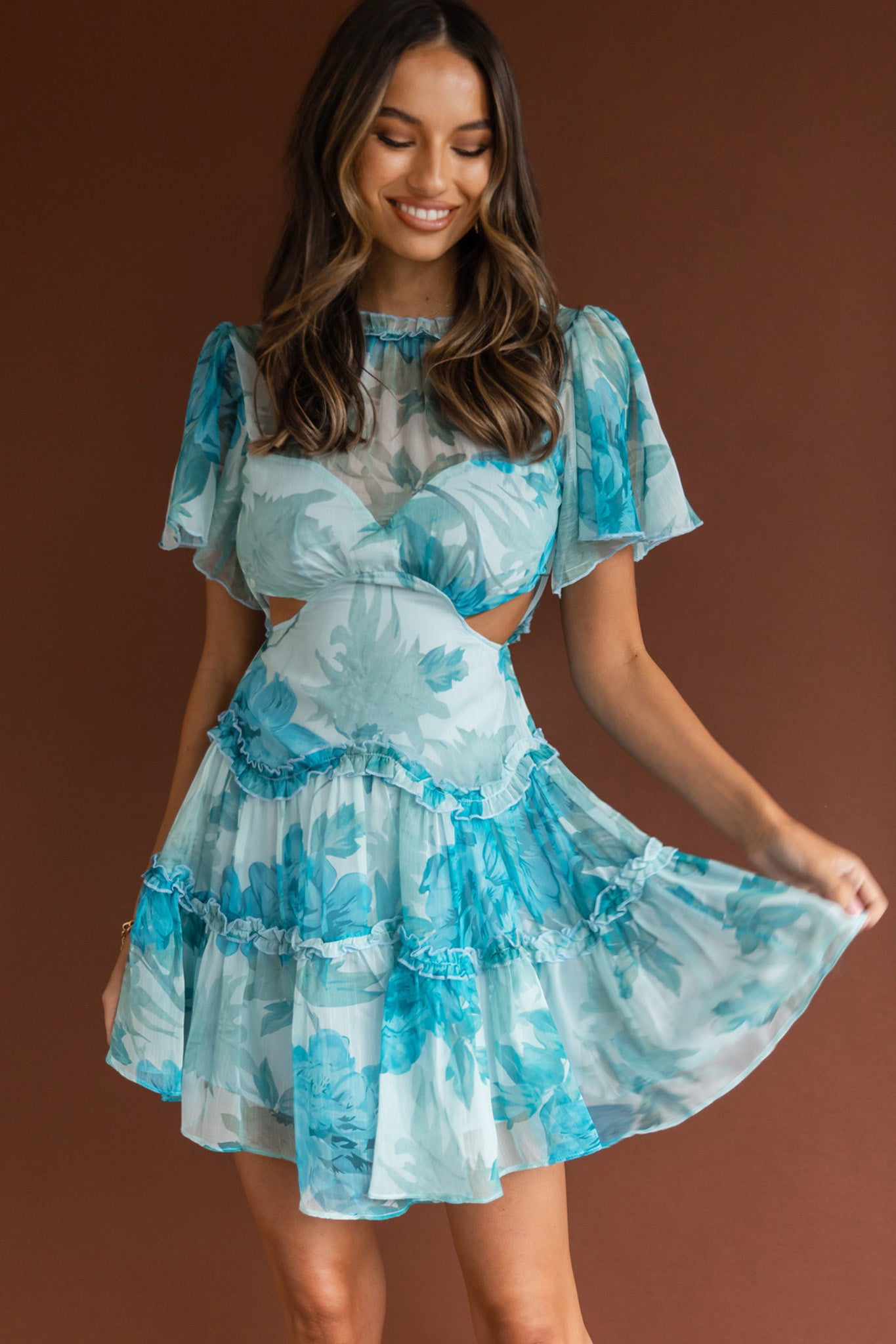 Tres Chic Flutter Sleeve Cut-Out Dress Botanical Blue by Selfie Leslie