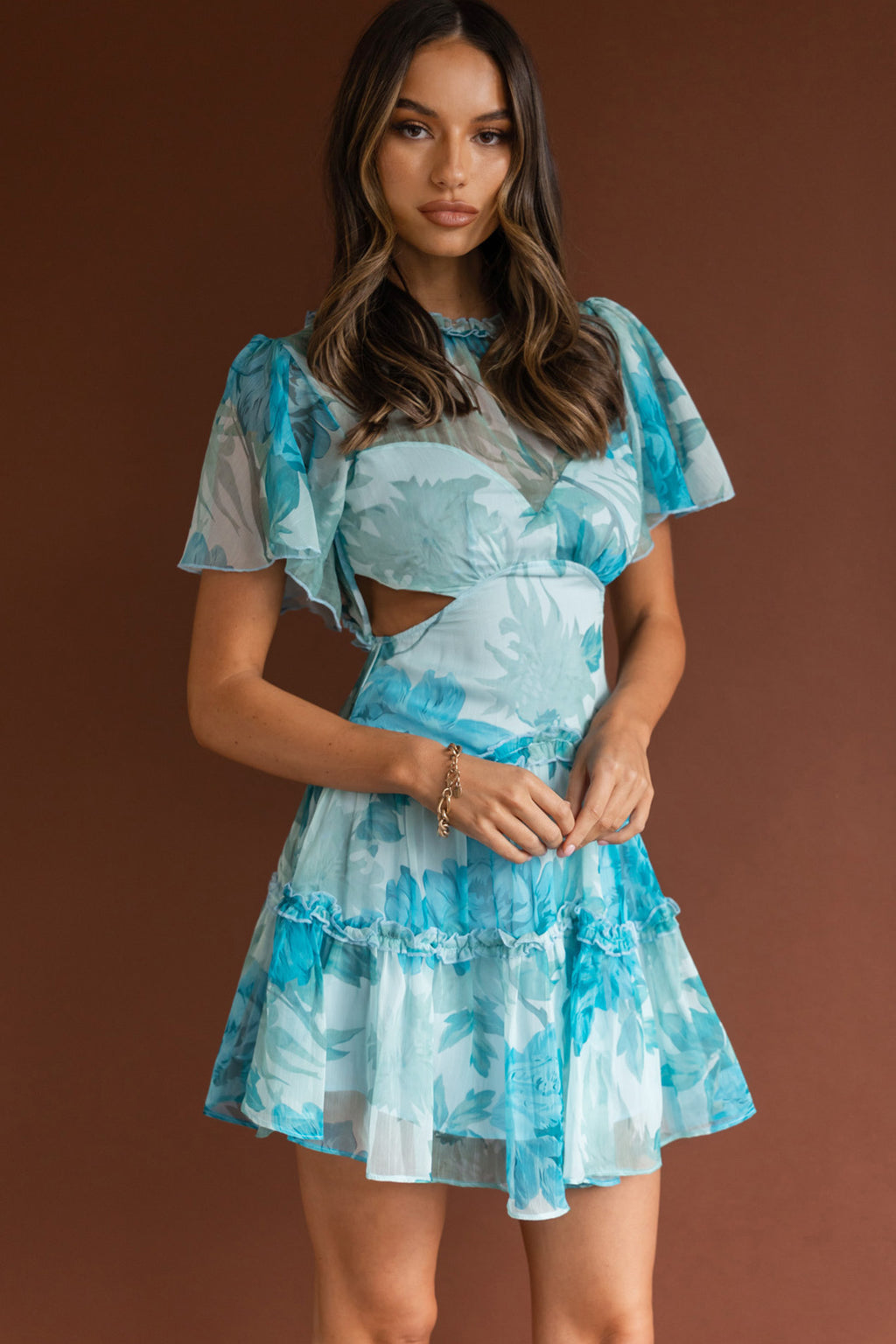 Tres Chic Flutter Sleeve Cut-Out Dress Botanical Blue by Selfie Leslie