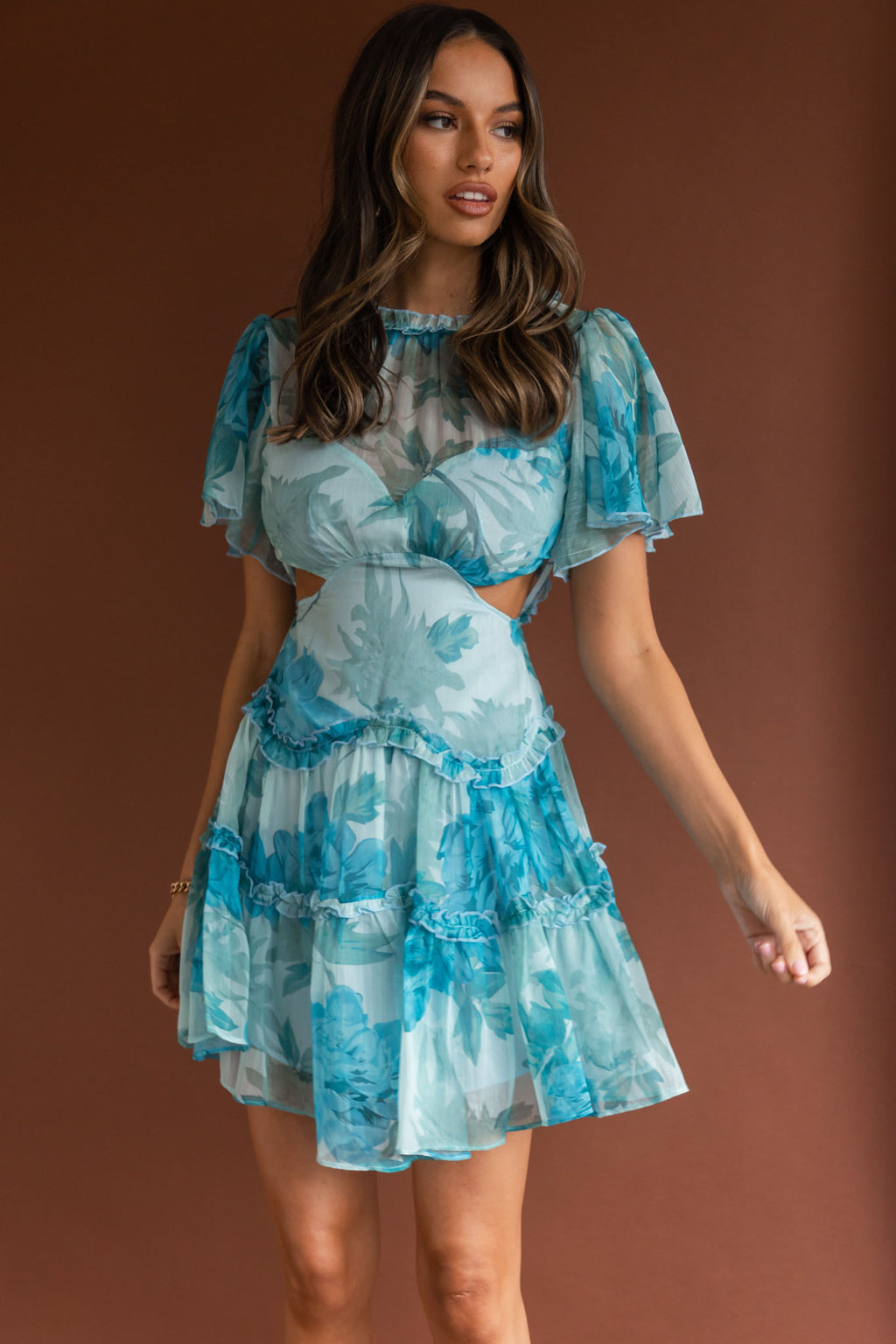 Tres Chic Flutter Sleeve Cut-Out Dress Botanical Blue by Selfie Leslie
