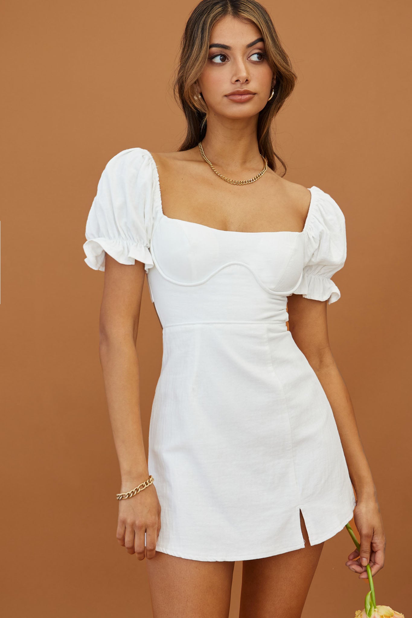Norma Jean Puff Sleeve Piping Trim Eyelet Mini Dress White