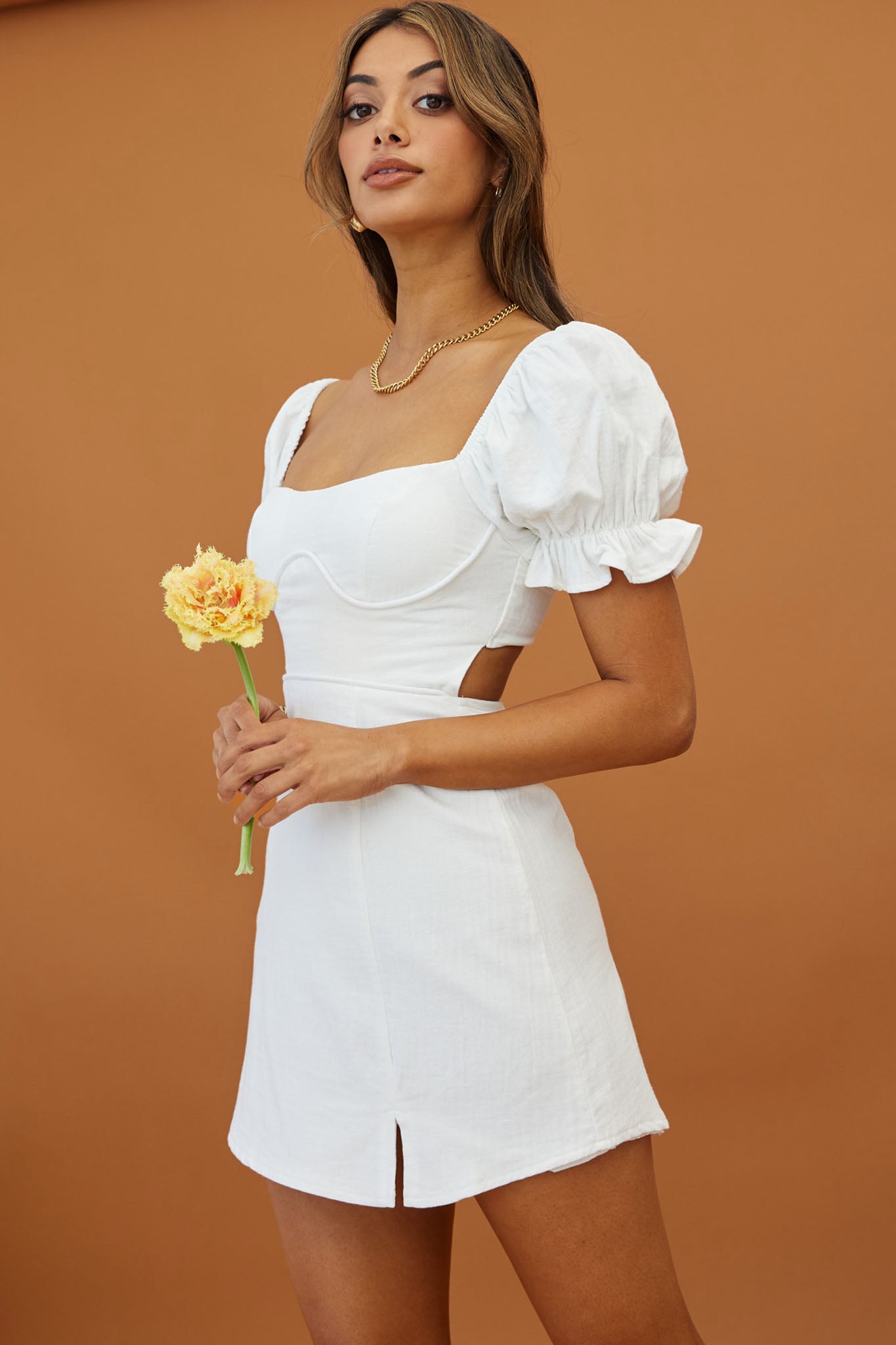 Norma Jean Puff Sleeve Piping Trim Mini Dress White by Selfie Leslie