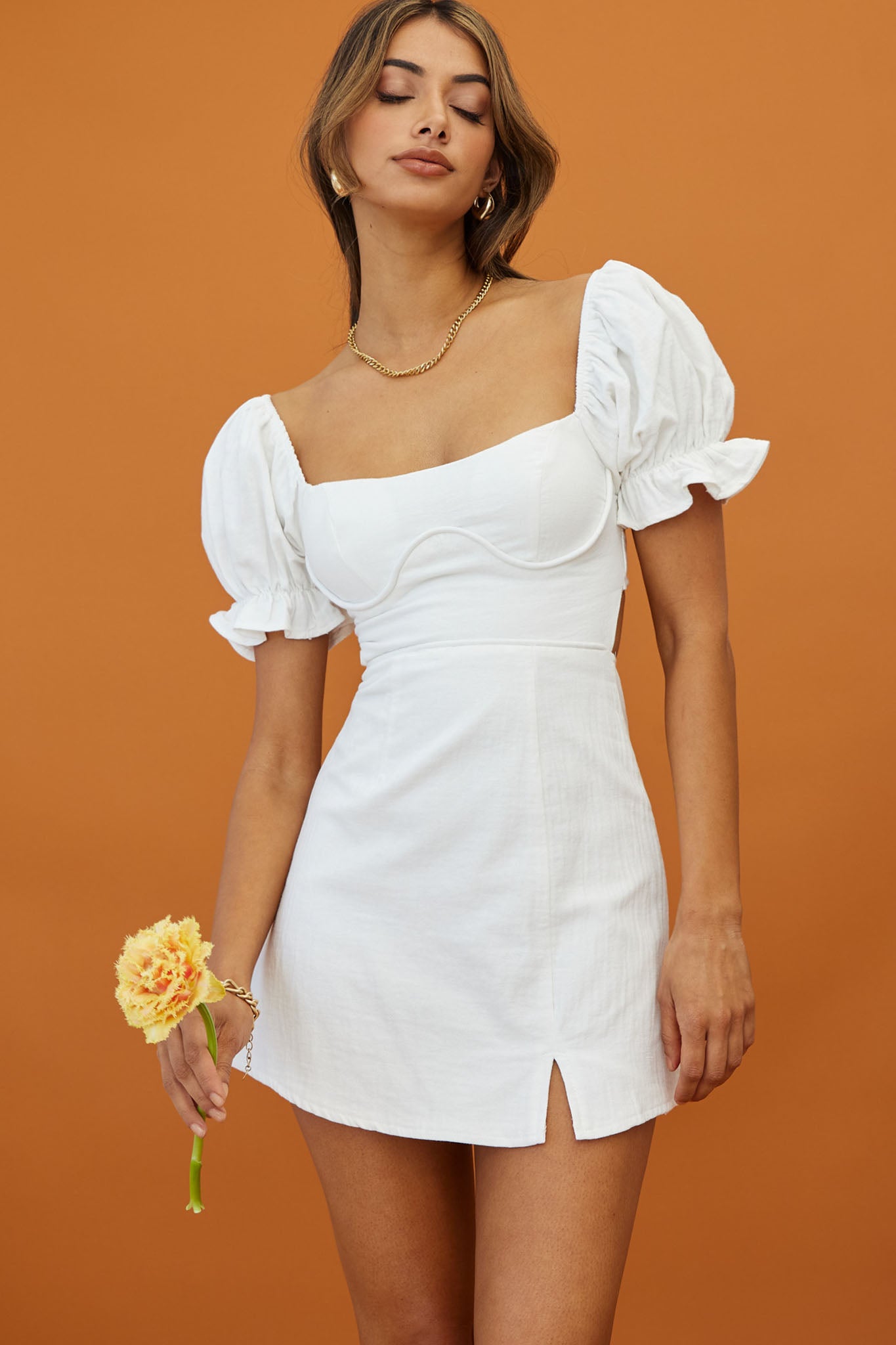 Norma Jean Puff Sleeve Piping Trim Mini Dress White by Selfie Leslie