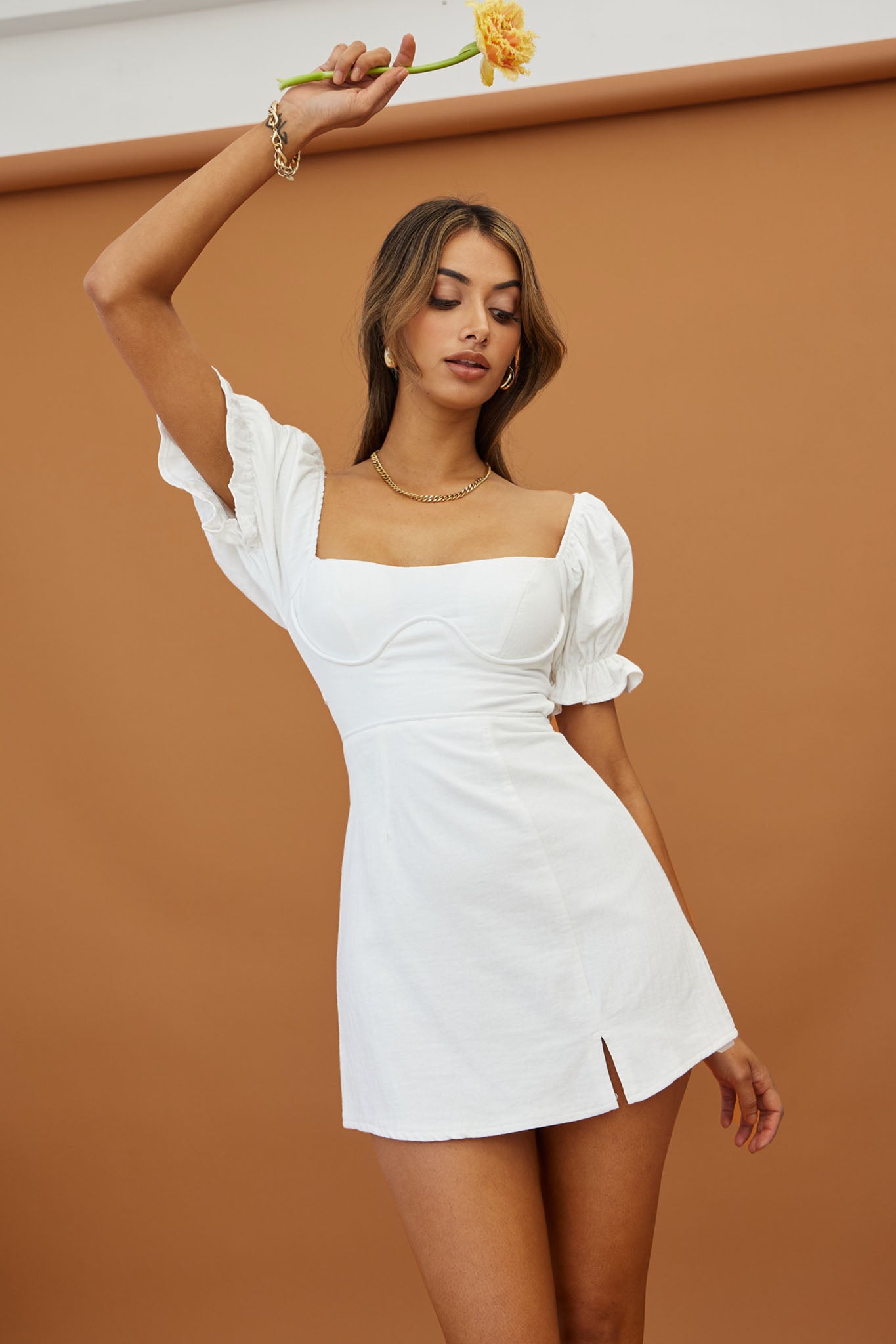 Norma Jean Puff Sleeve Piping Trim Mini Dress White by Selfie Leslie