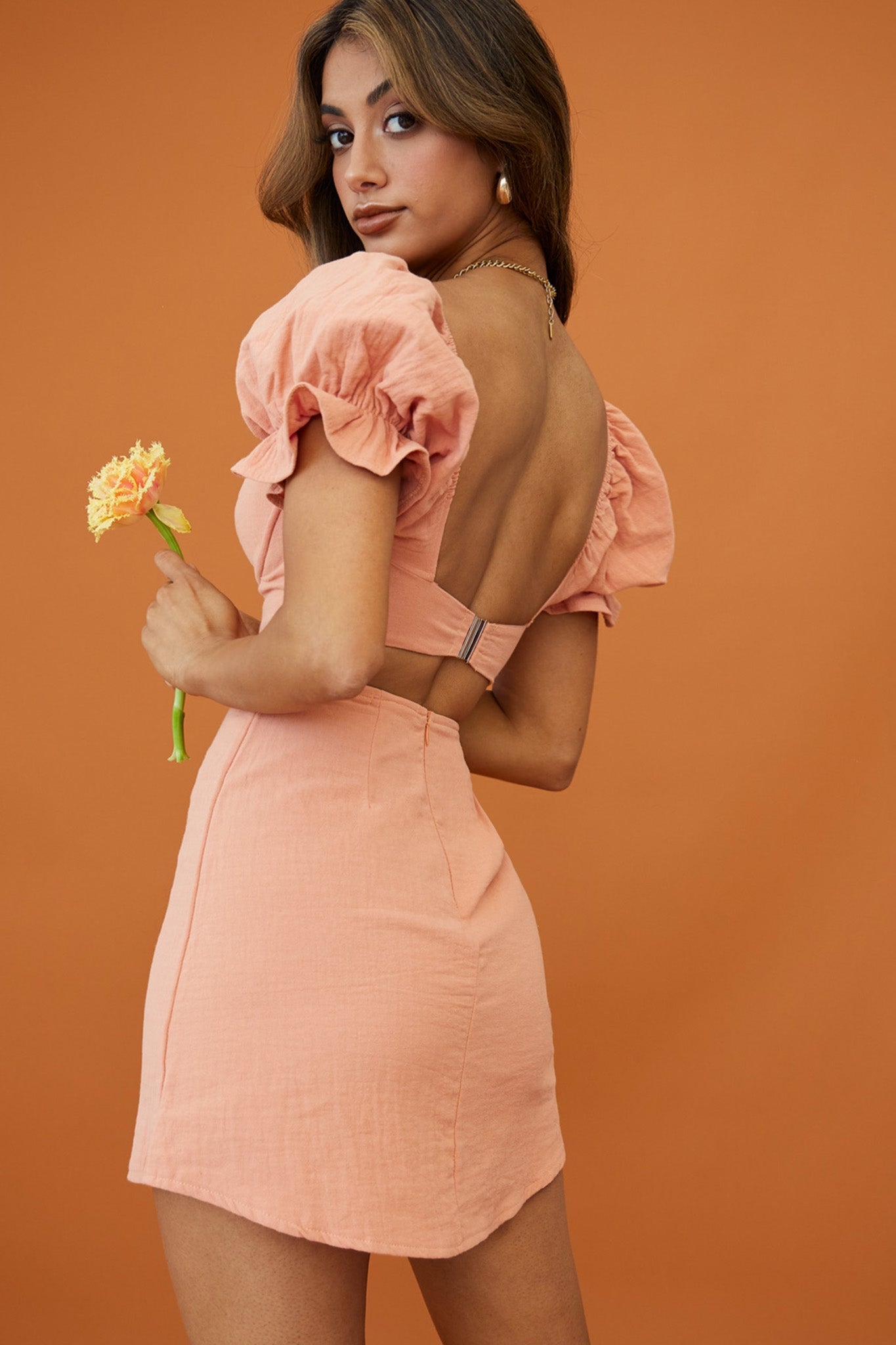 Norma Jean Puff Sleeve Piping Trim Mini Dress Apricot by Selfie Leslie