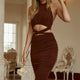 Social Butterfly Ruched Drawstring Side Cut-Out Midi Dress Chocolate