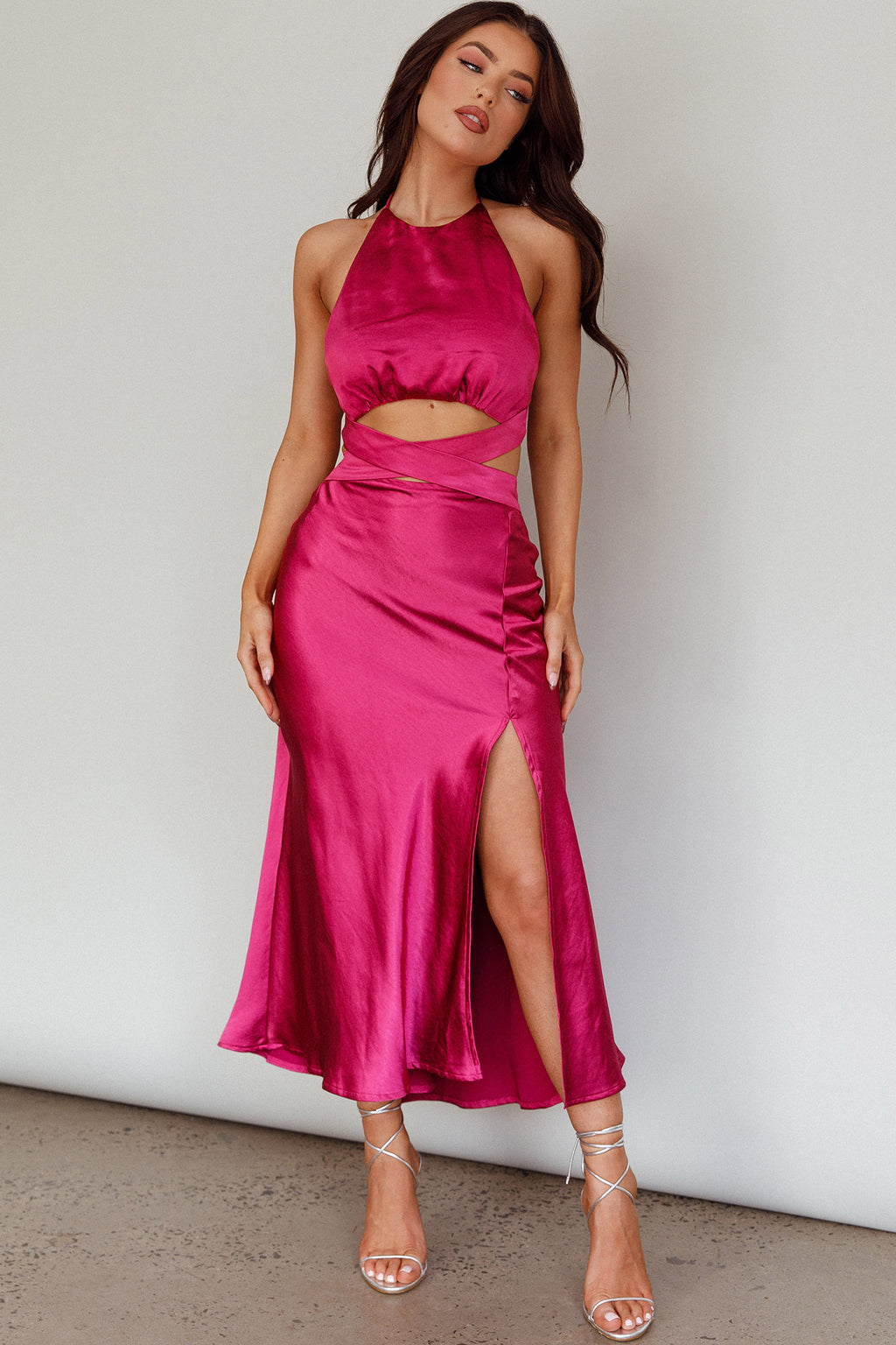 Social Butterfly Cut-Out Waist Midi Dress Fuchsia by Selfie Leslie