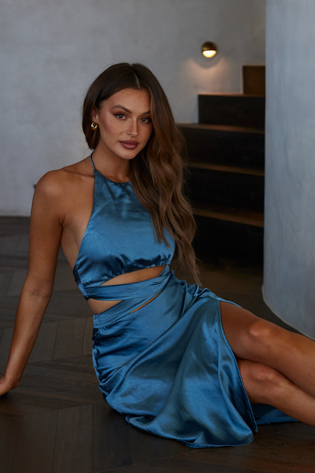 Social Butterfly Cut-Out Waist Midi Dress Midnight Blue by Selfie Leslie